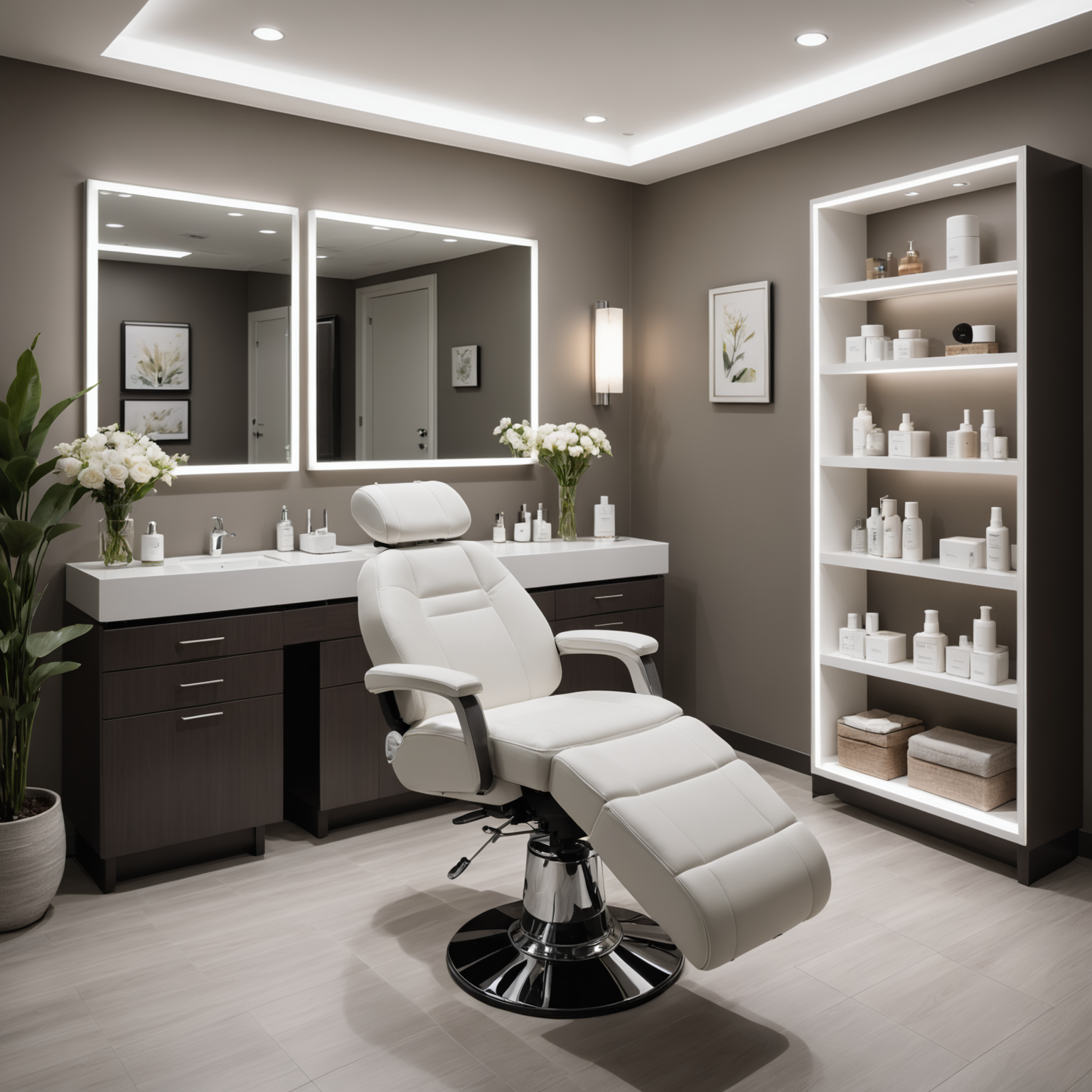 An elegant cosmetic treatment room with a serene atmosphere, showcasing a plush treatment chair and neatly arranged skincare tools.
