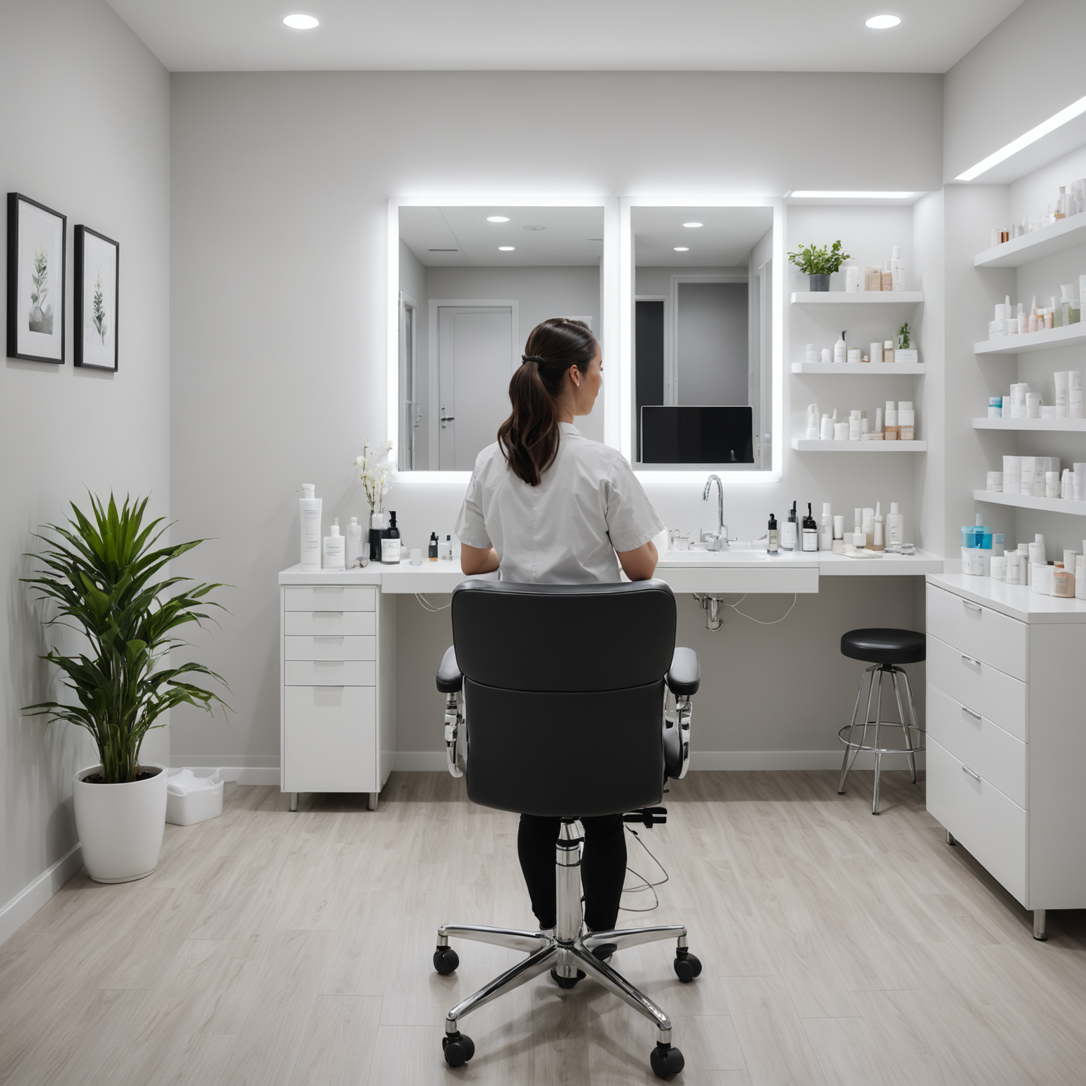 A serene cosmetic clinic room with an esthetician preparing skincare tools.