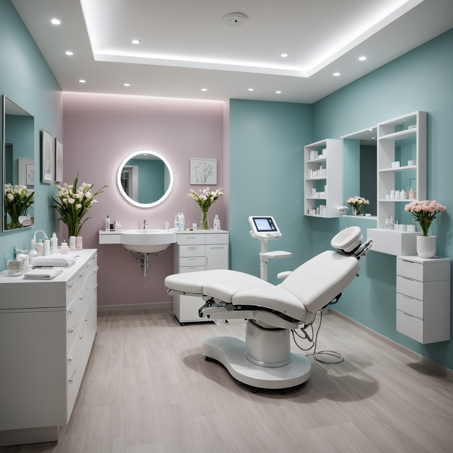 A beautifully arranged treatment room in a cosmetic clinic, highlighting the serene environment and professional setup.