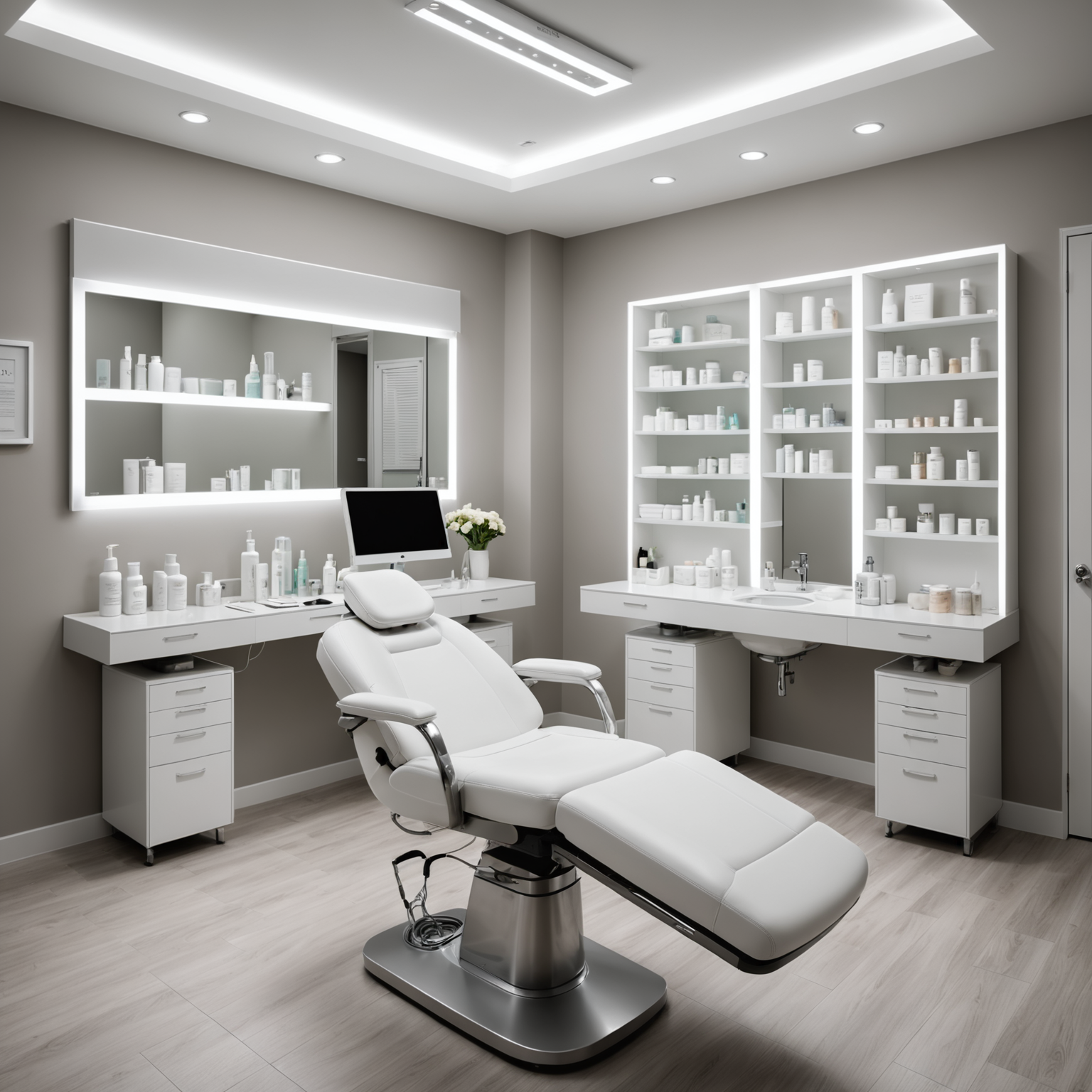Cosmetic clinic treatment room with esthetician tools and skincare textures
