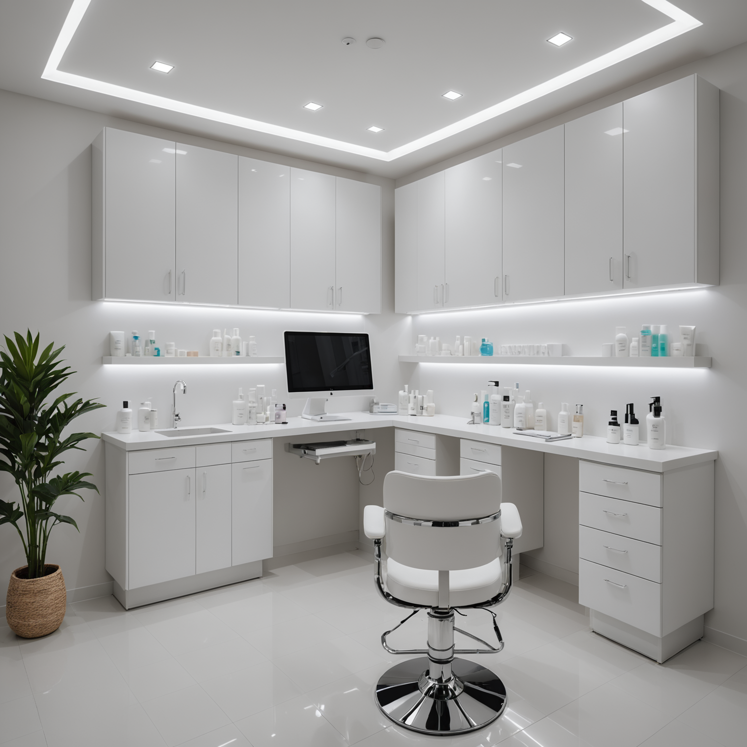 A well-lit cosmetic clinic room showcasing sterile tools and skincare products, capturing the essence of professional aesthetic services.
