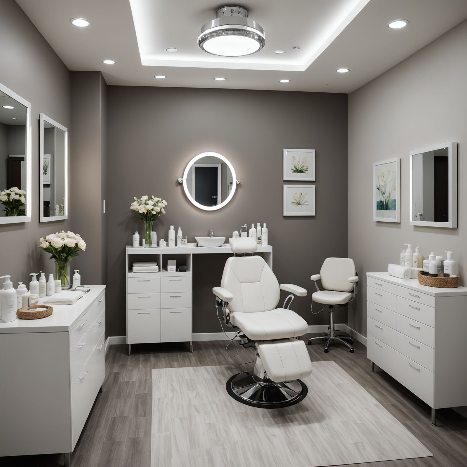 A serene cosmetic clinic treatment room, with a professional setup including skincare textures and sterile tools