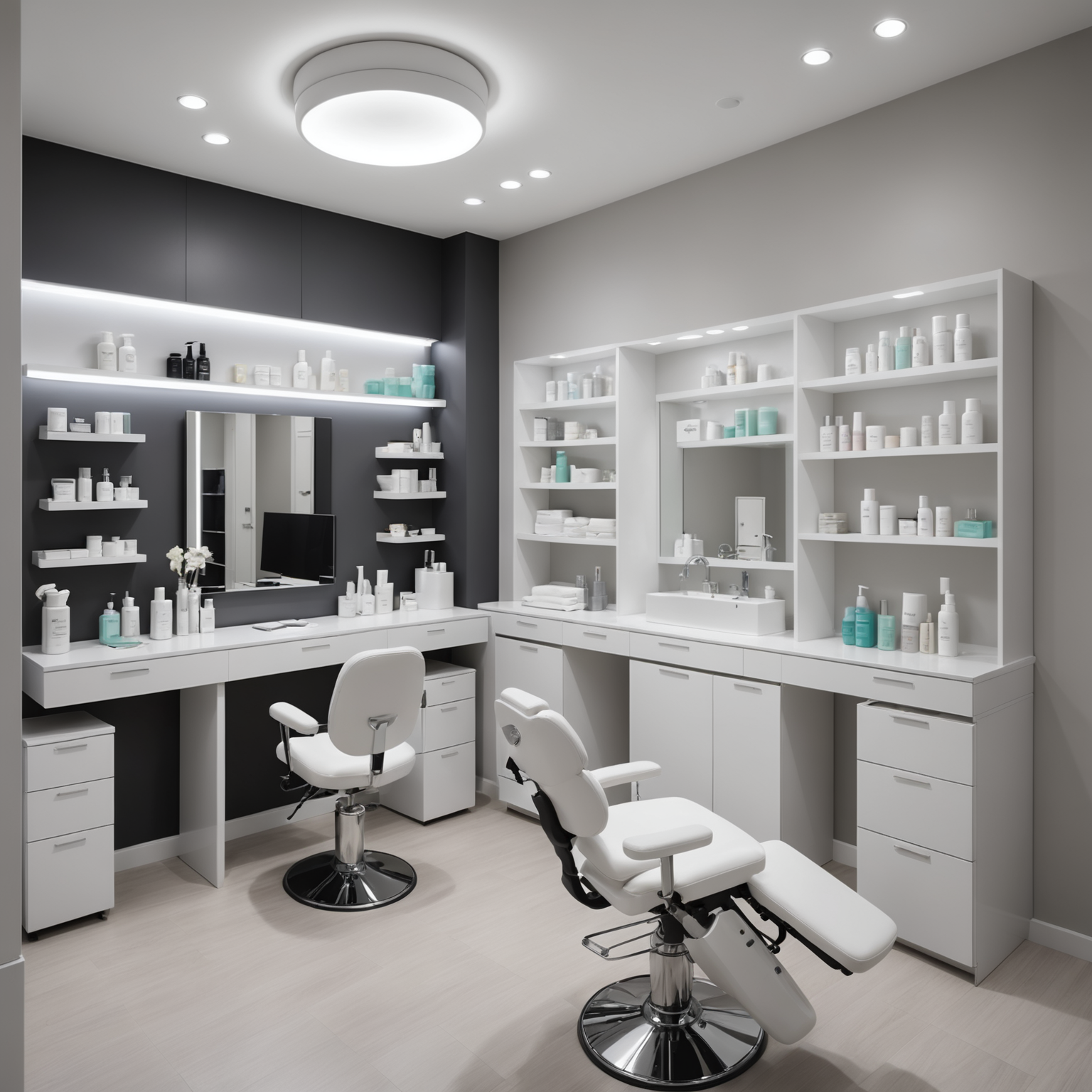 A serene cosmetic clinic room with aesthetician tools and skincare products neatly arranged, conveying a sense of tranquility and professionalism.