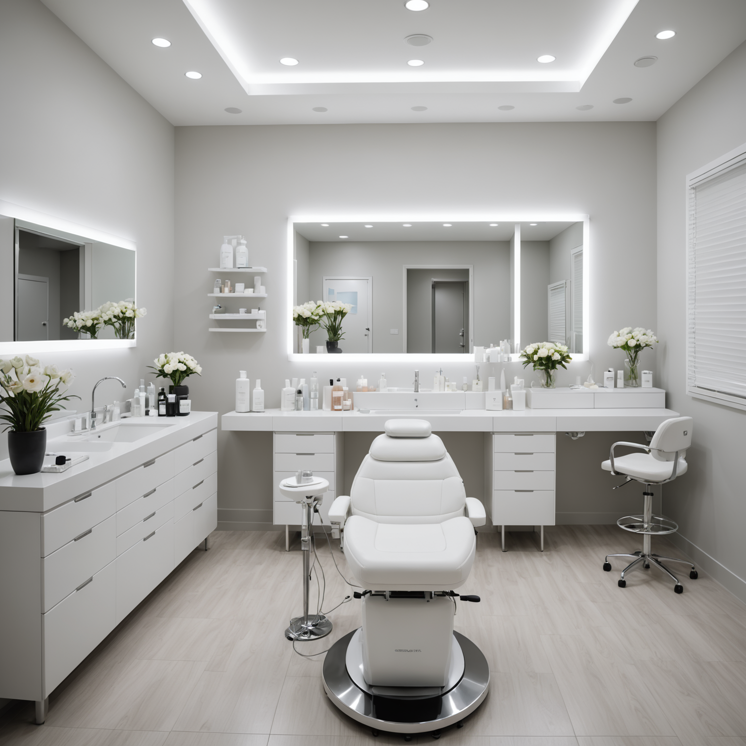 Depiction of a modern, sterile clinic treatment room with an esthetician preparing tools for a session.