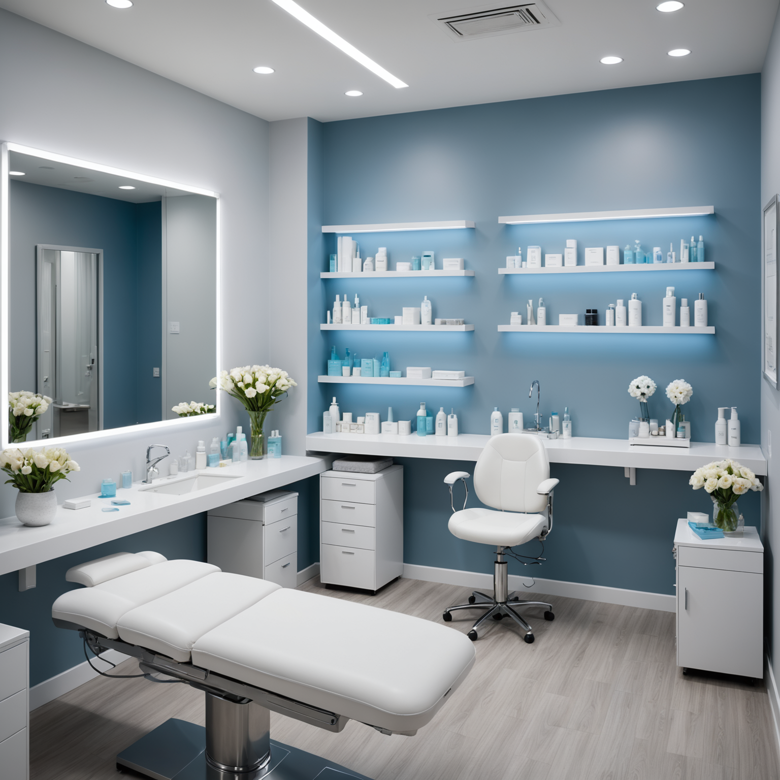 A serene cosmetic clinic treatment room with esthetician hands preparing sterile tools