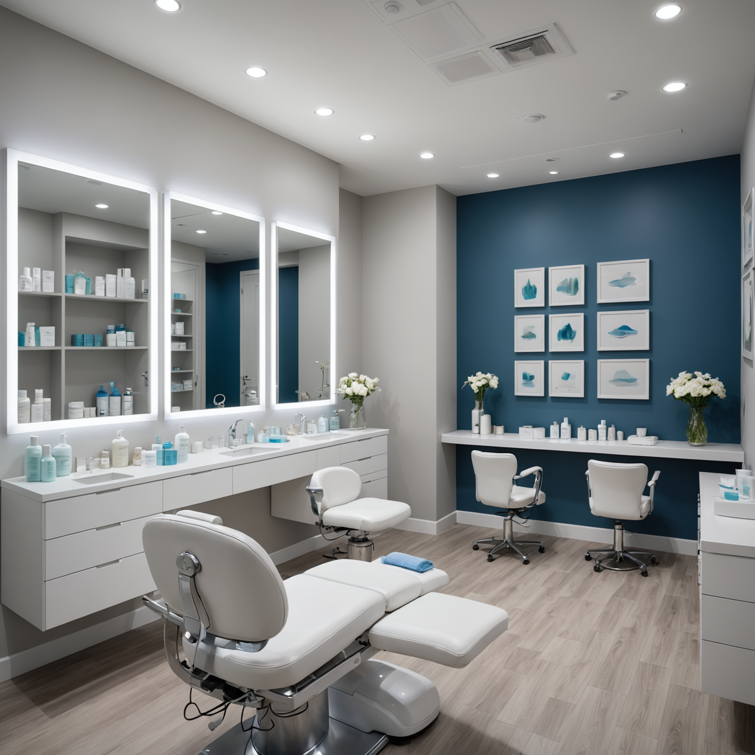 A serene and professional cosmetic treatment room with skincare products neatly arranged