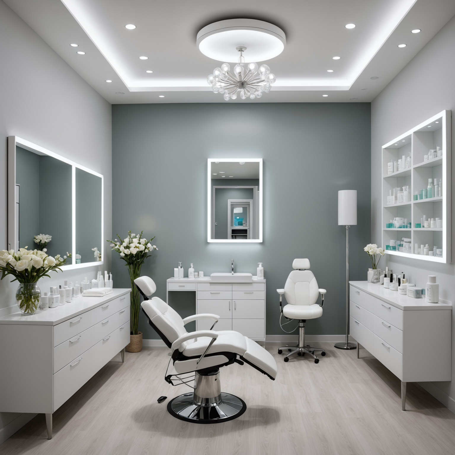 A serene cosmetic clinic room with an esthetician preparing tools for a treatment session.