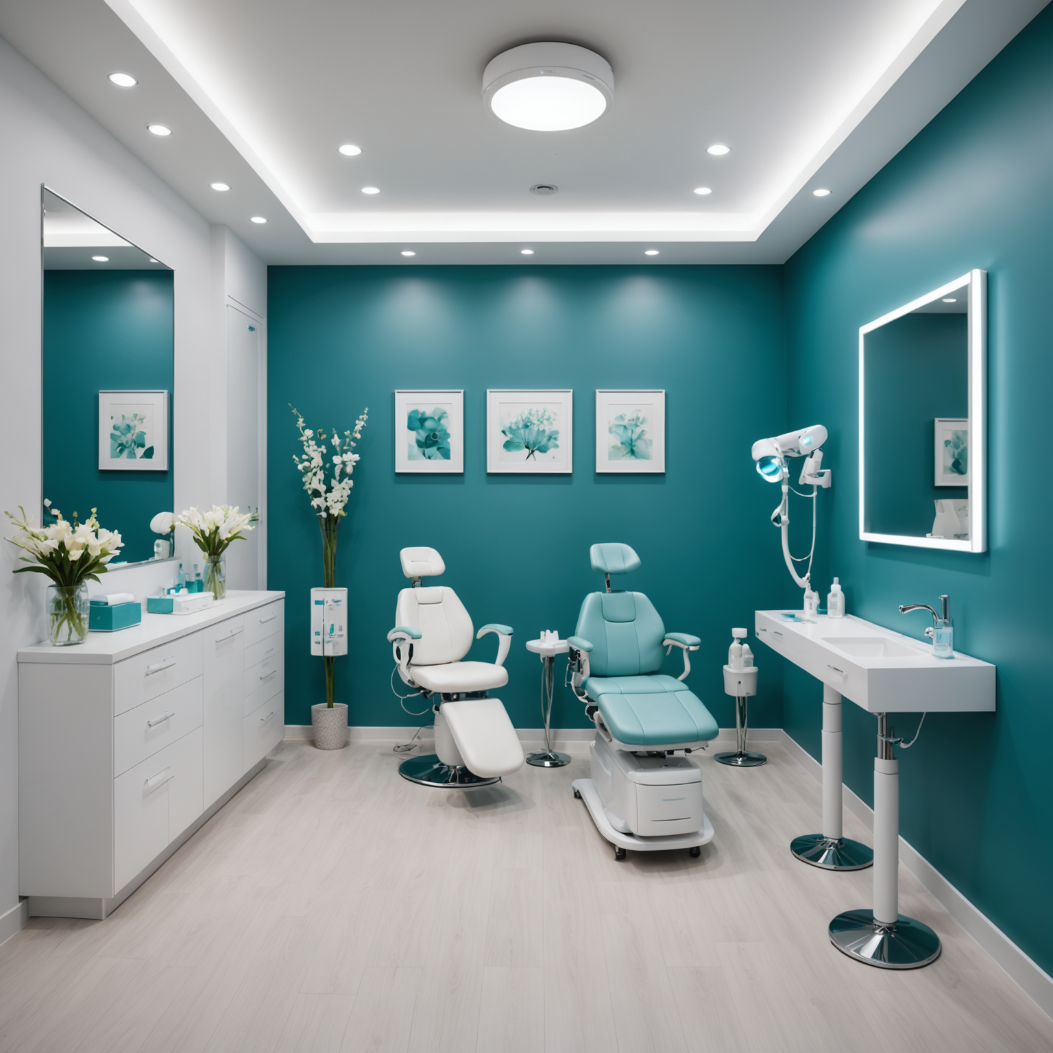A serene cosmetic clinic interior, showcasing a treatment room with a calming ambiance and professional medical tools neatly arranged.