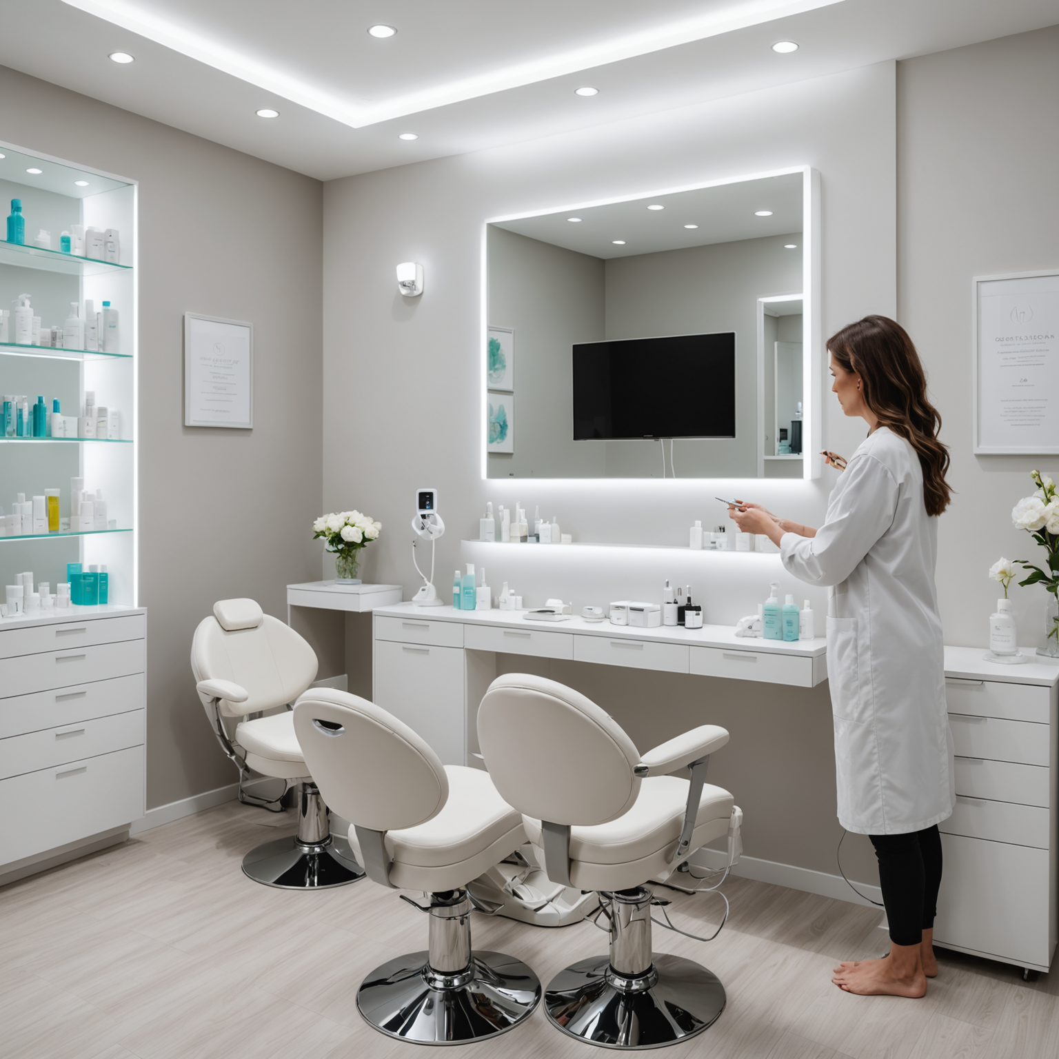A serene cosmetic clinic treatment room with an esthetician's hands preparing the Kybella injections