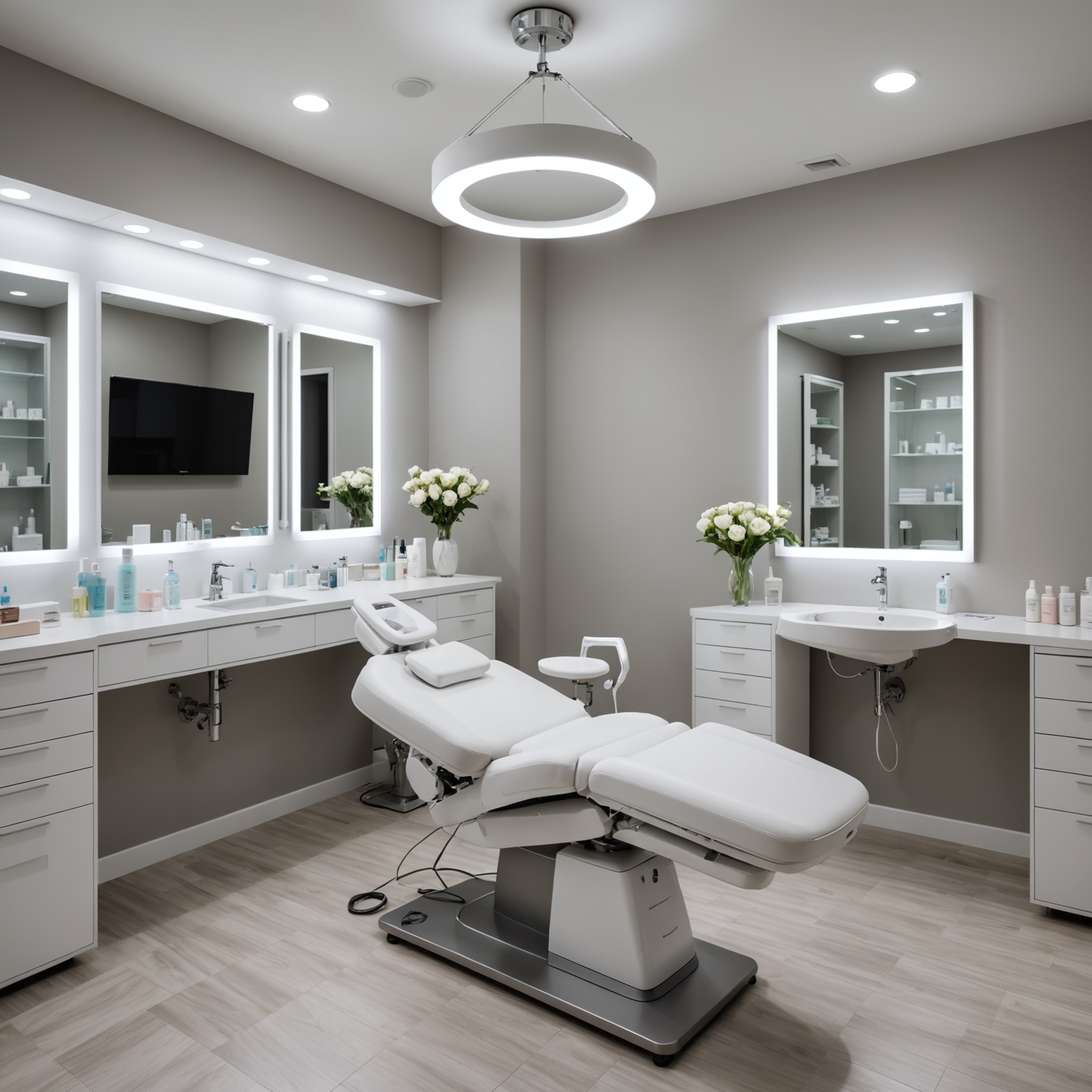 A serene cosmetic clinic treatment room with an esthetician preparing sterile tools for a Kybella session.