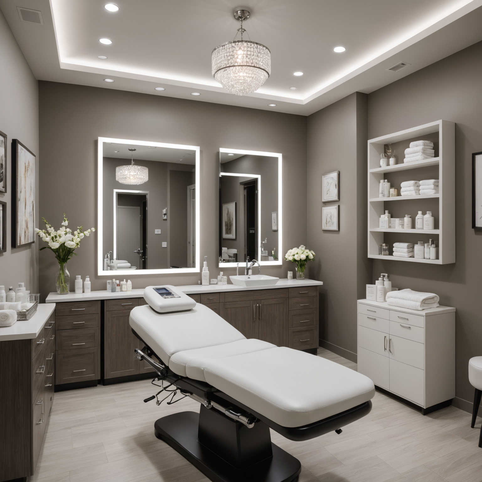 A serene cosmetic treatment room with an esthetician preparing for a Dysport session