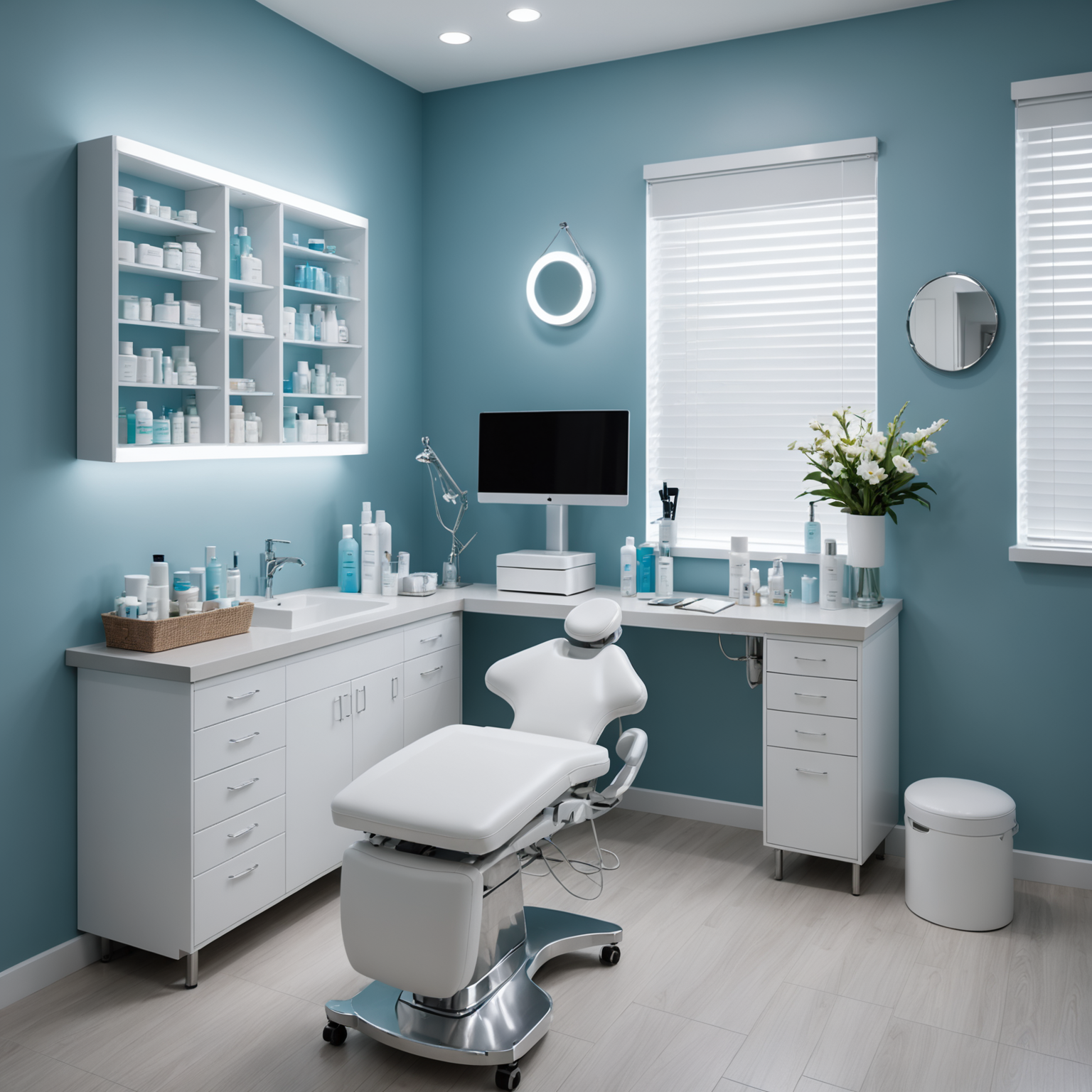 A serene cosmetic clinic treatment room with an array of skincare products and sterile tools