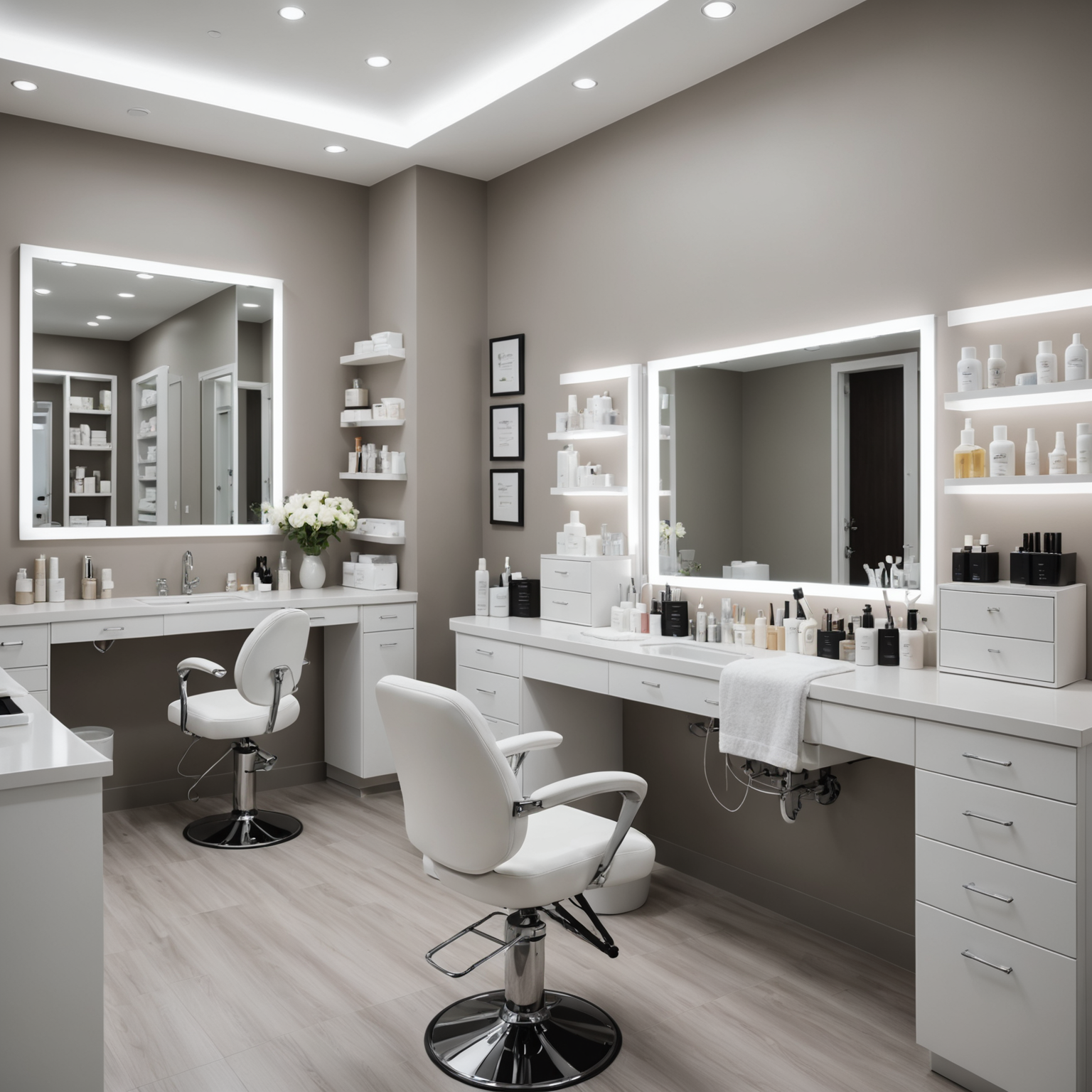 A serene, well-lit cosmetic treatment room with professional esthetician tools neatly arranged.