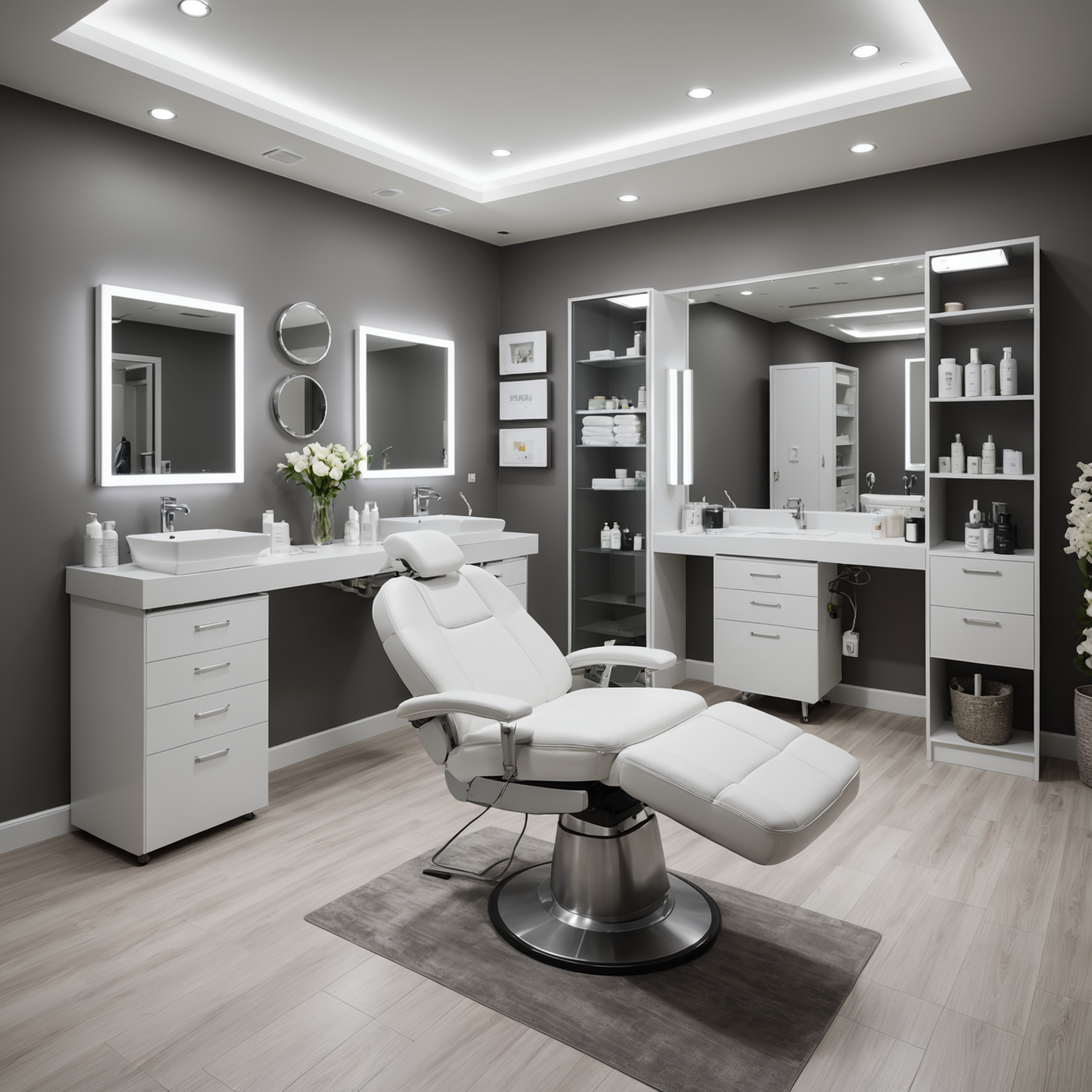 A well-equipped cosmetic treatment room with comfortable seating and professional skincare tools.