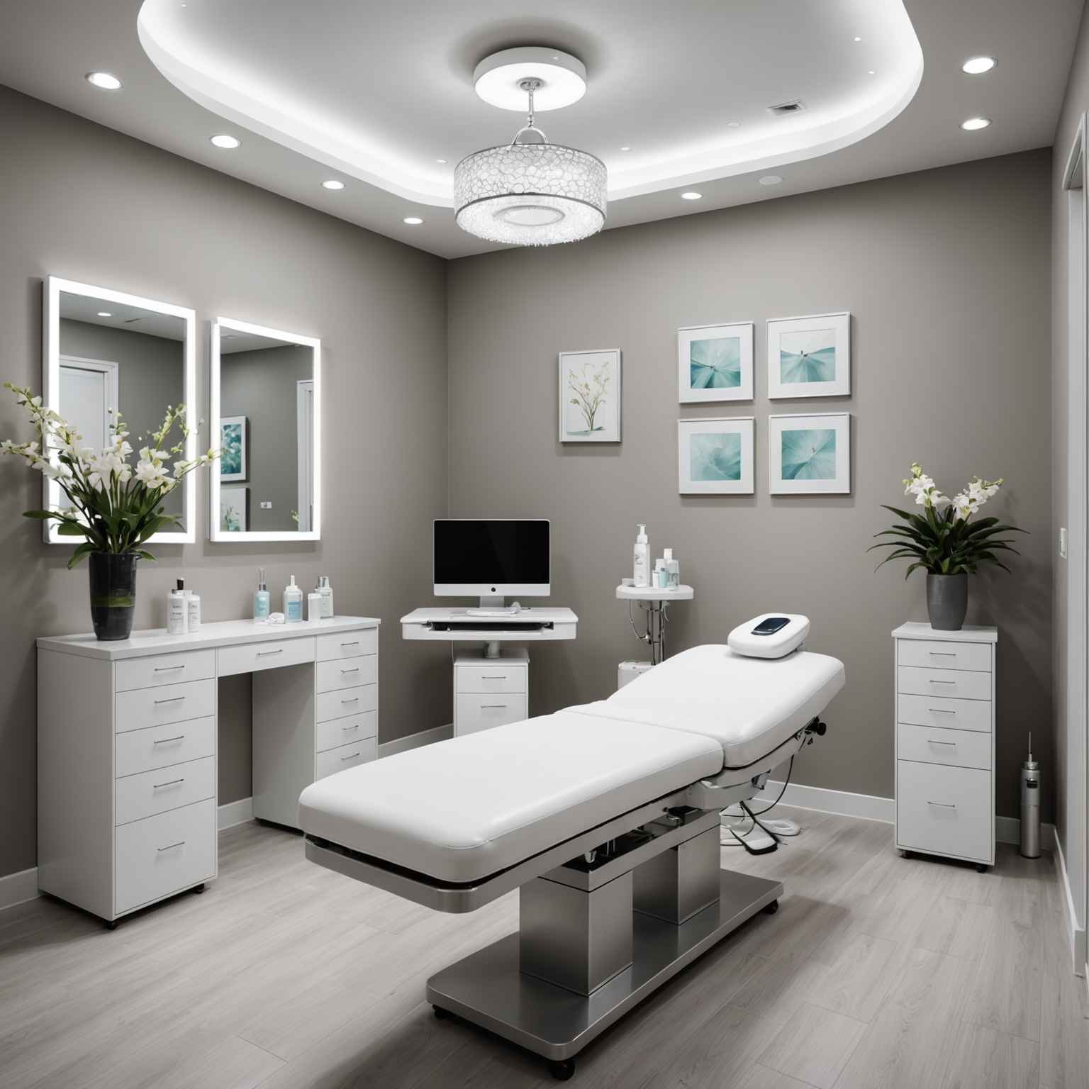 A serene cosmetic clinic room with a treatment bed, esthetician tools, and calming decor.