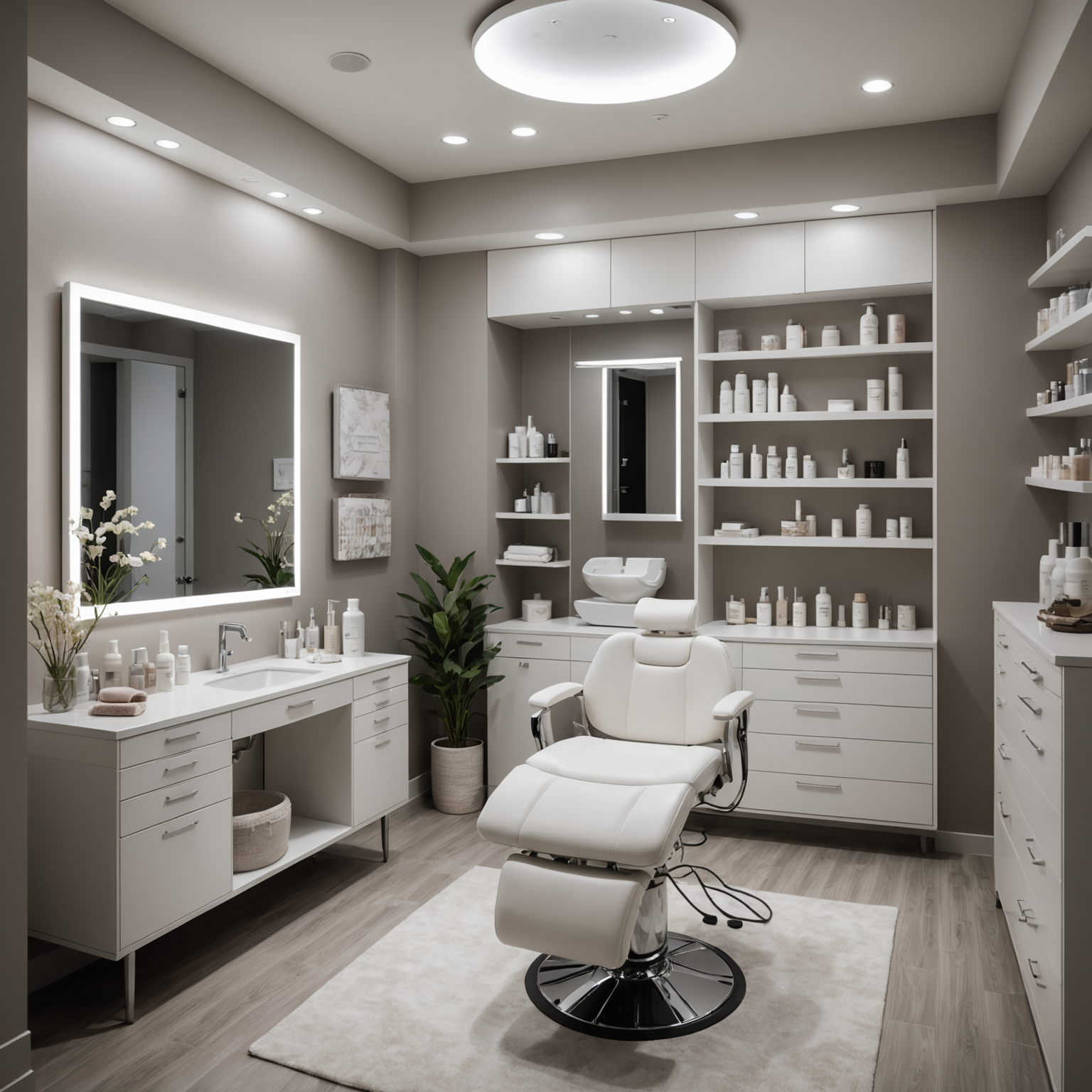 A sleek, modern cosmetic clinic treatment room showcasing esthetician tools and skincare textures
