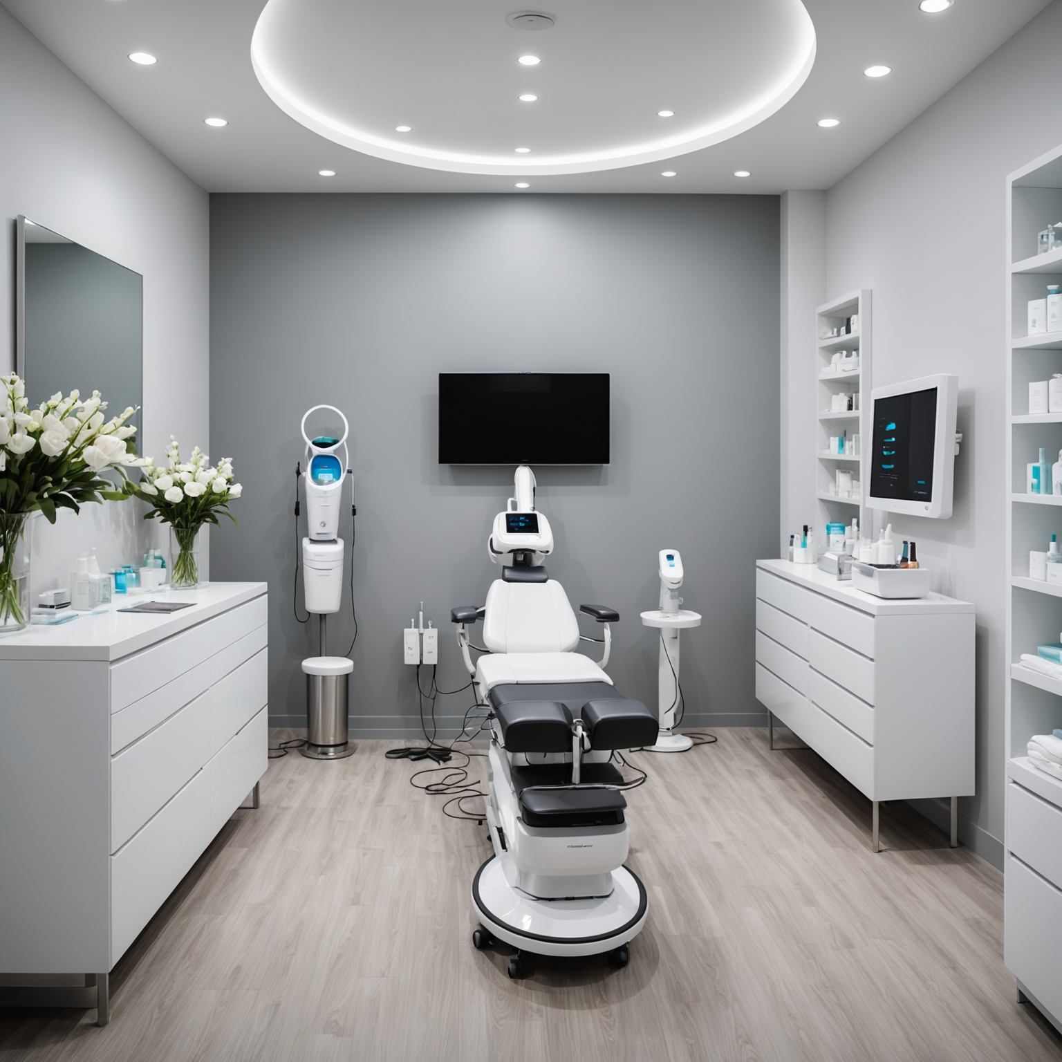 A modern cosmetic clinic treatment room with an esthetician preparing for an Emsculpt session