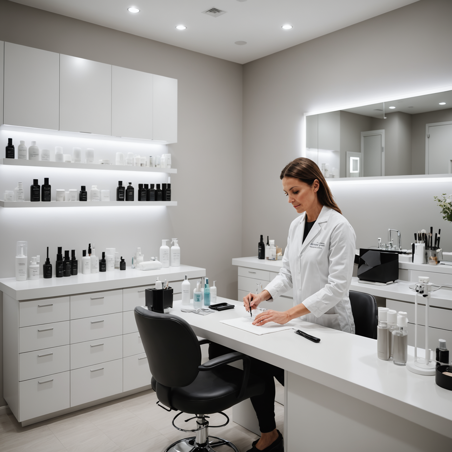 A serene cosmetic clinic treatment room with an esthetician preparing tools for a Juvederm filler session.