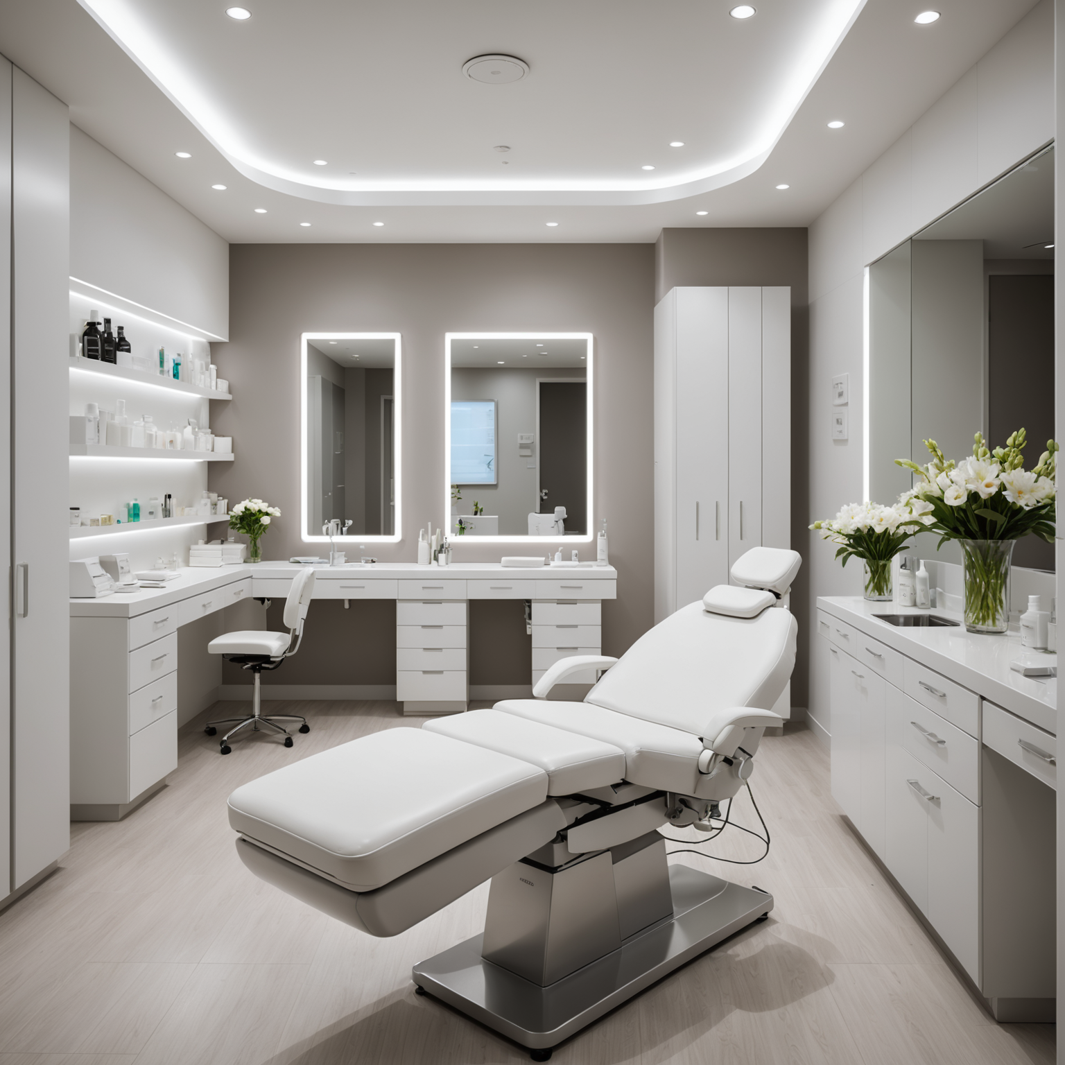 A luxurious treatment room in a cosmetic clinic, showcasing the serene ambiance and sterile tools used in dermal filler procedures.