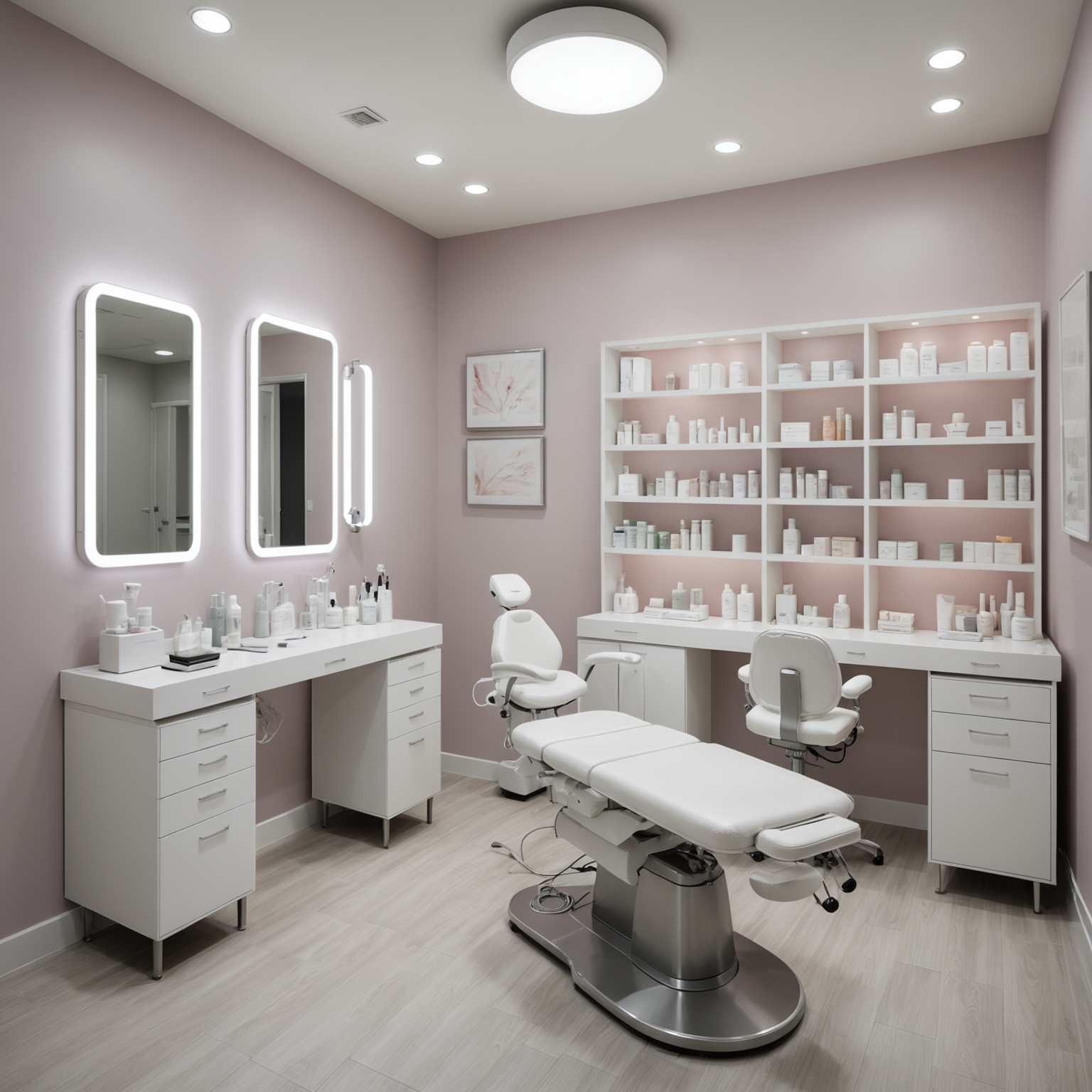 A serene cosmetic clinic treatment room with aesthetician tools neatly arranged