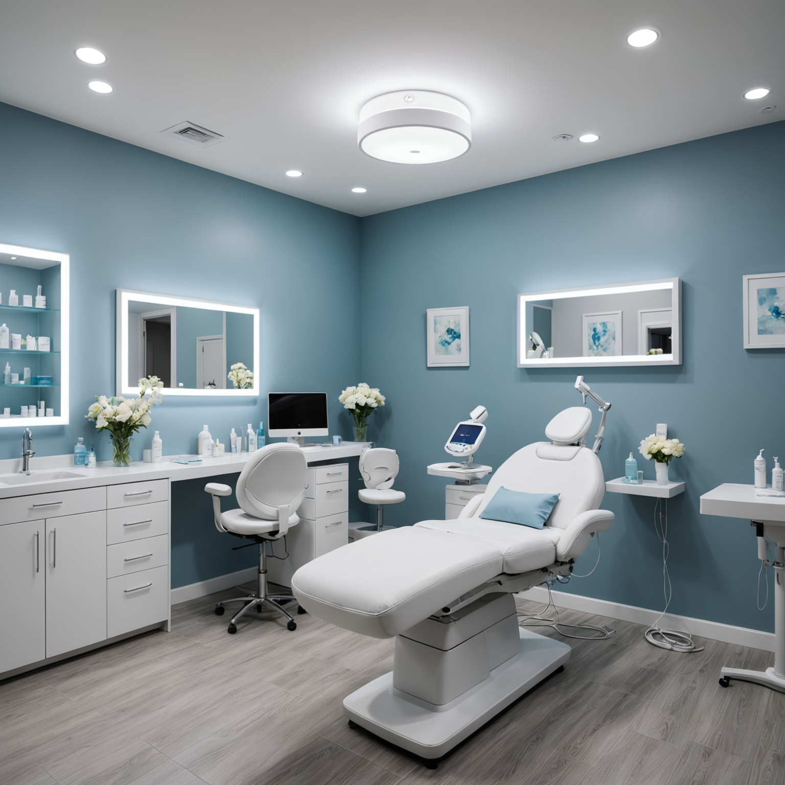 A serene cosmetic clinic treatment room with an esthetician preparing Juvederm injections