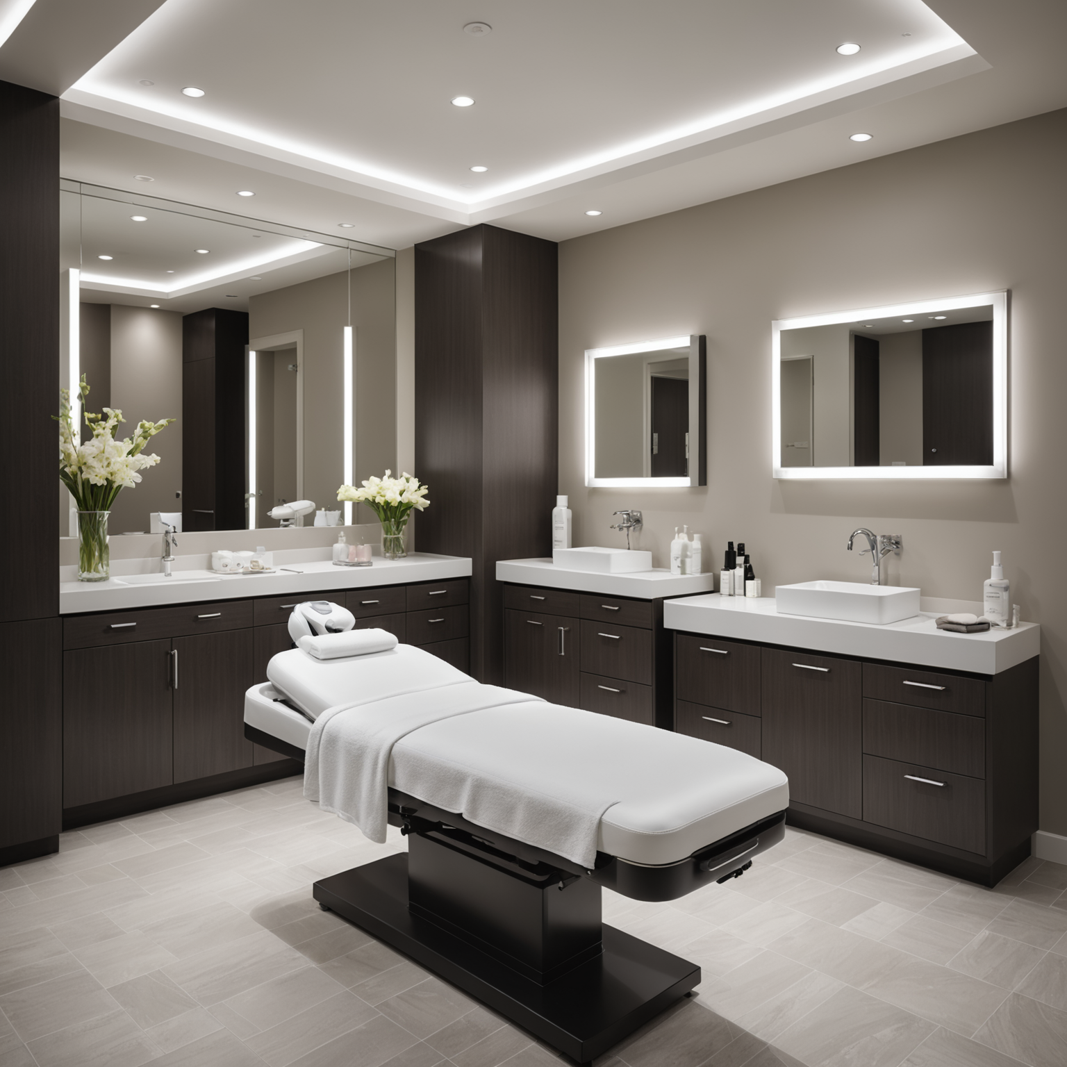 A luxurious spa treatment room set for a Juvederm Ultra session, complete with sterile tools and skincare products.