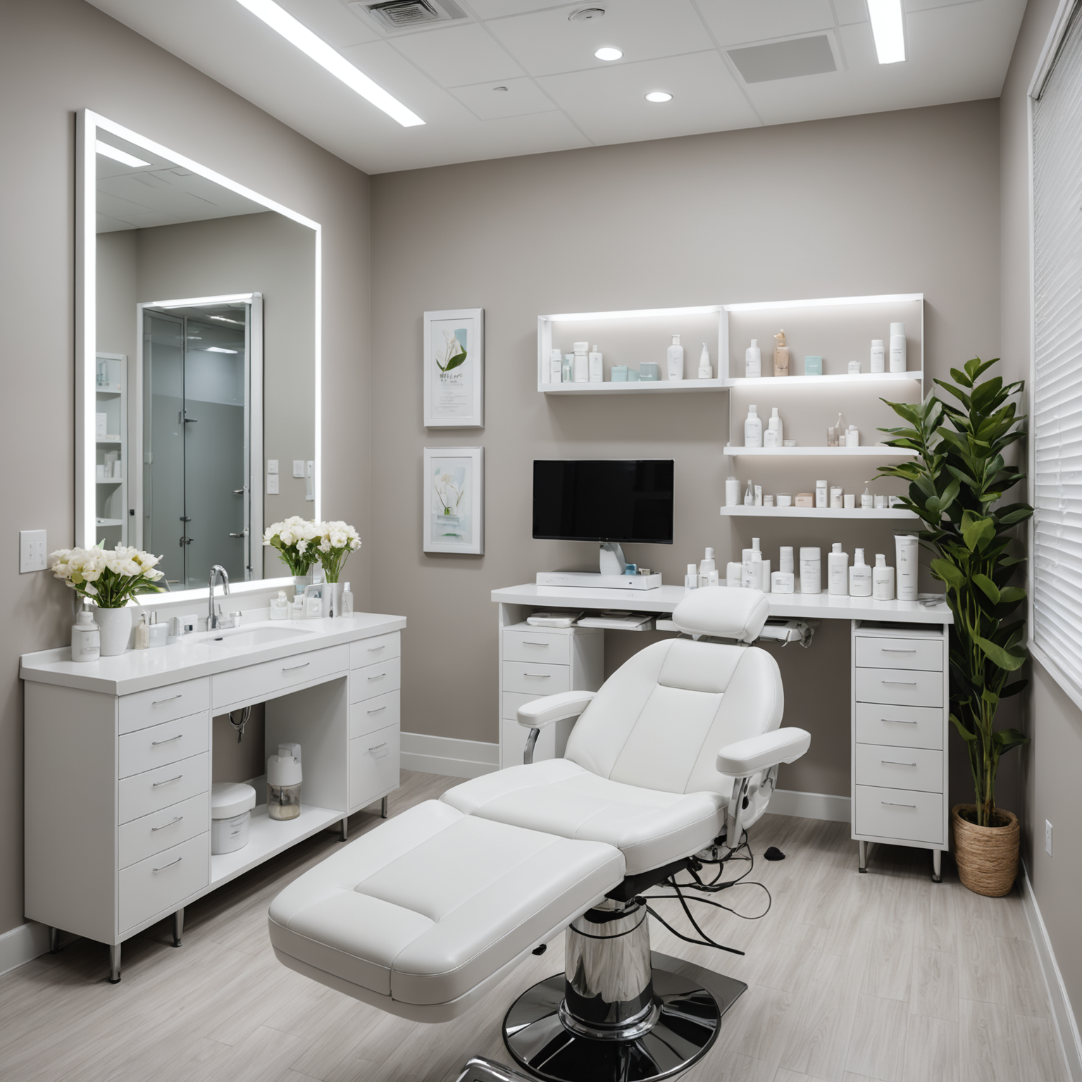 A serene cosmetic clinic treatment room with an esthetician preparing sterile tools