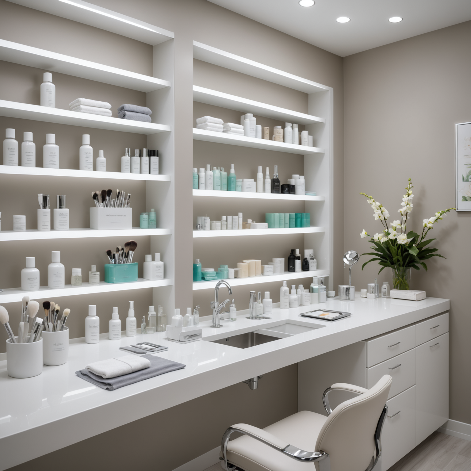 A serene cosmetic clinic treatment room with an esthetician's hands preparing sterile tools for a procedure.