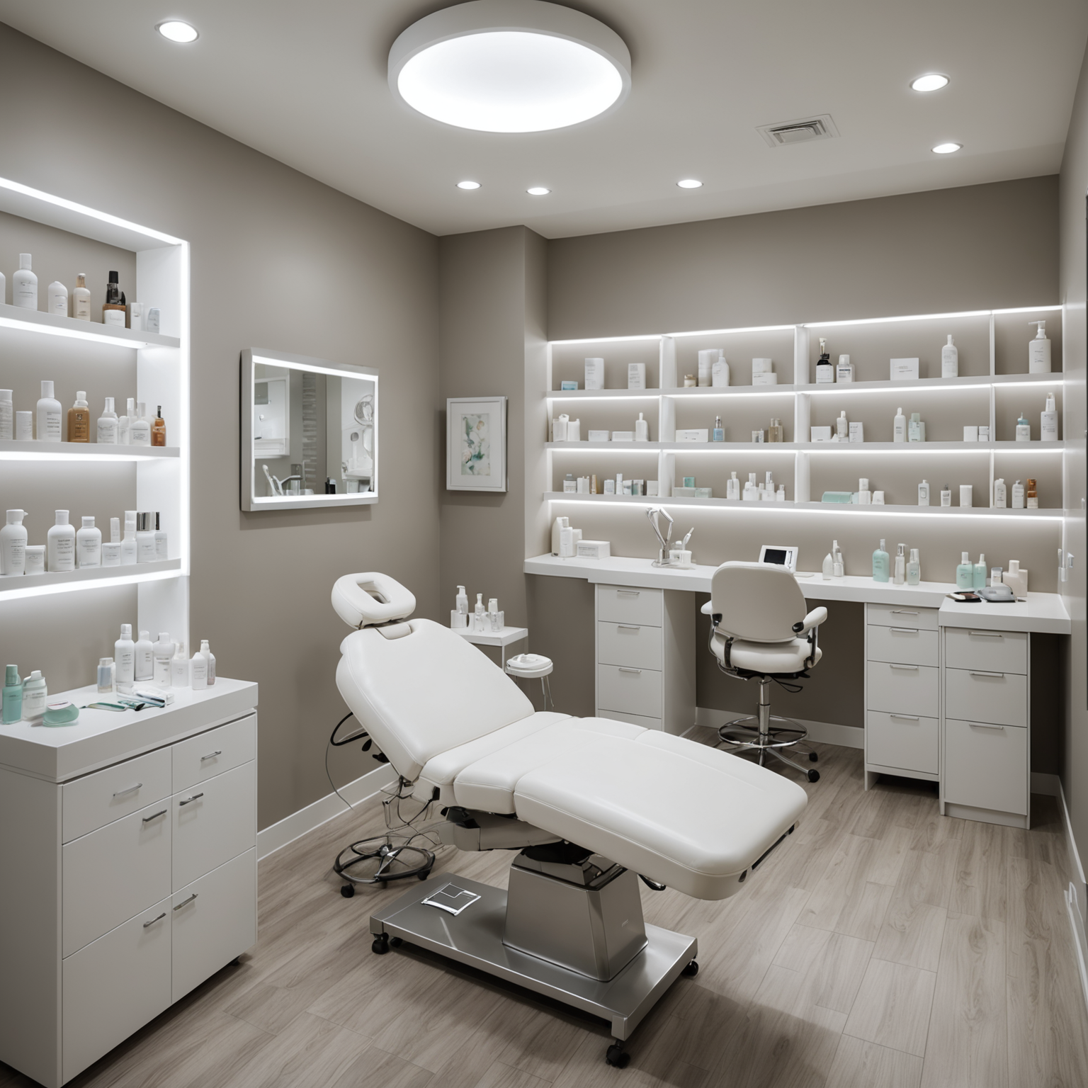 A serene, well-lit cosmetic clinic room with a treatment table and skincare tools neatly arranged.