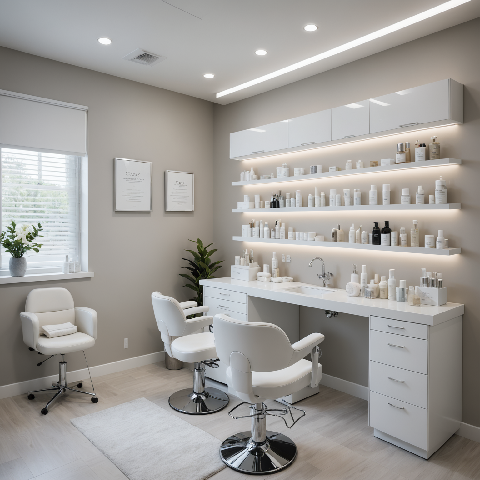 A serene cosmetic-clinic treatment room featuring an esthetician's hands preparing sterile tools and skincare products.