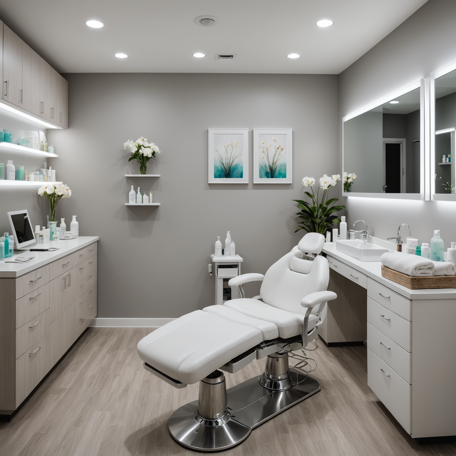 A serene cosmetic clinic treatment room with esthetician hands preparing for a procedure
