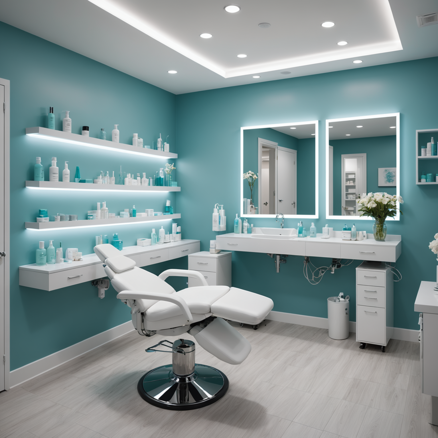 A serene cosmetic-clinic treatment room with an esthetician preparing tools