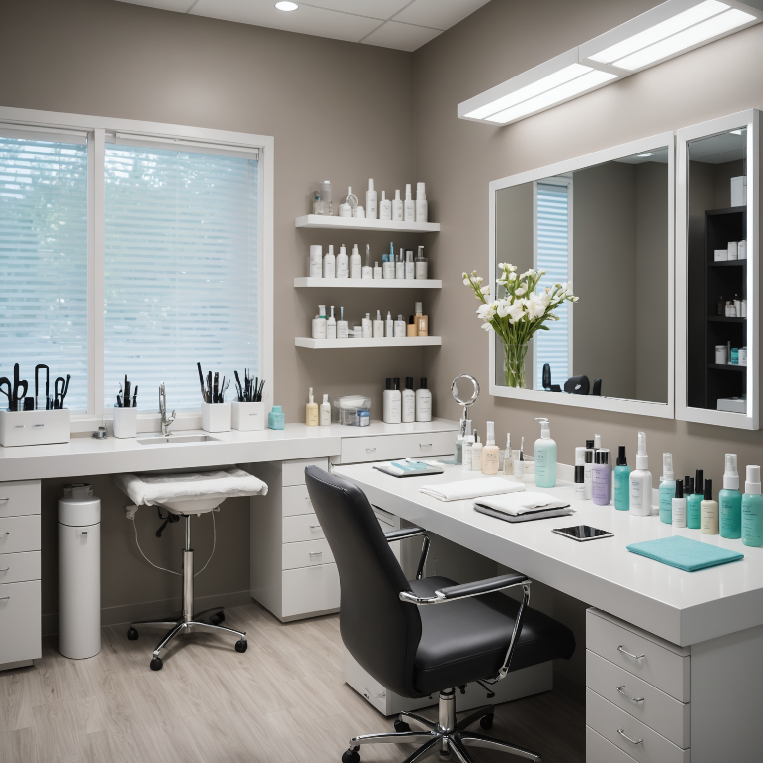 A serene cosmetic treatment room with an esthetician's hands preparing a syringe next to sterile tools