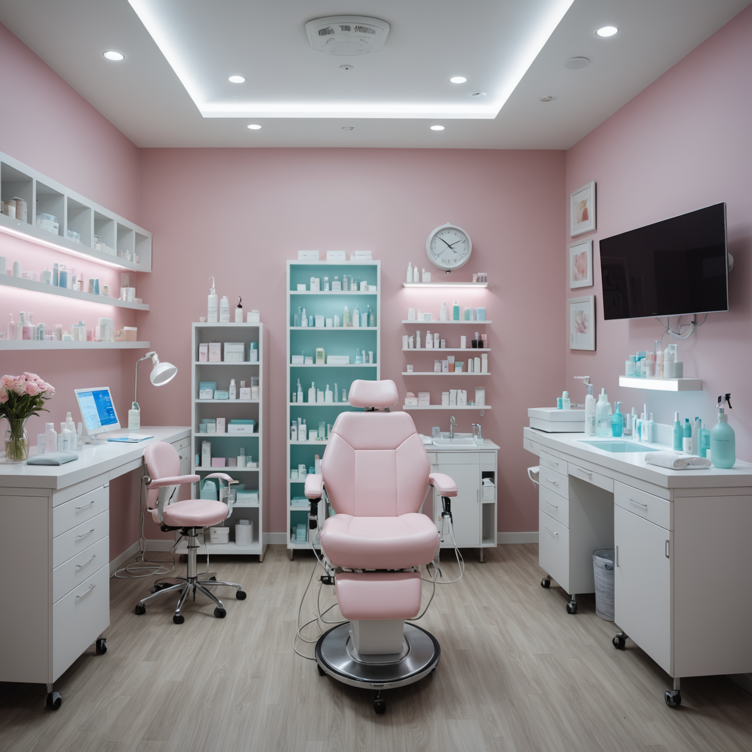 A modern cosmetic-clinic treatment room, showcasing sterile tools and an esthetician preparing an IV hydration setup