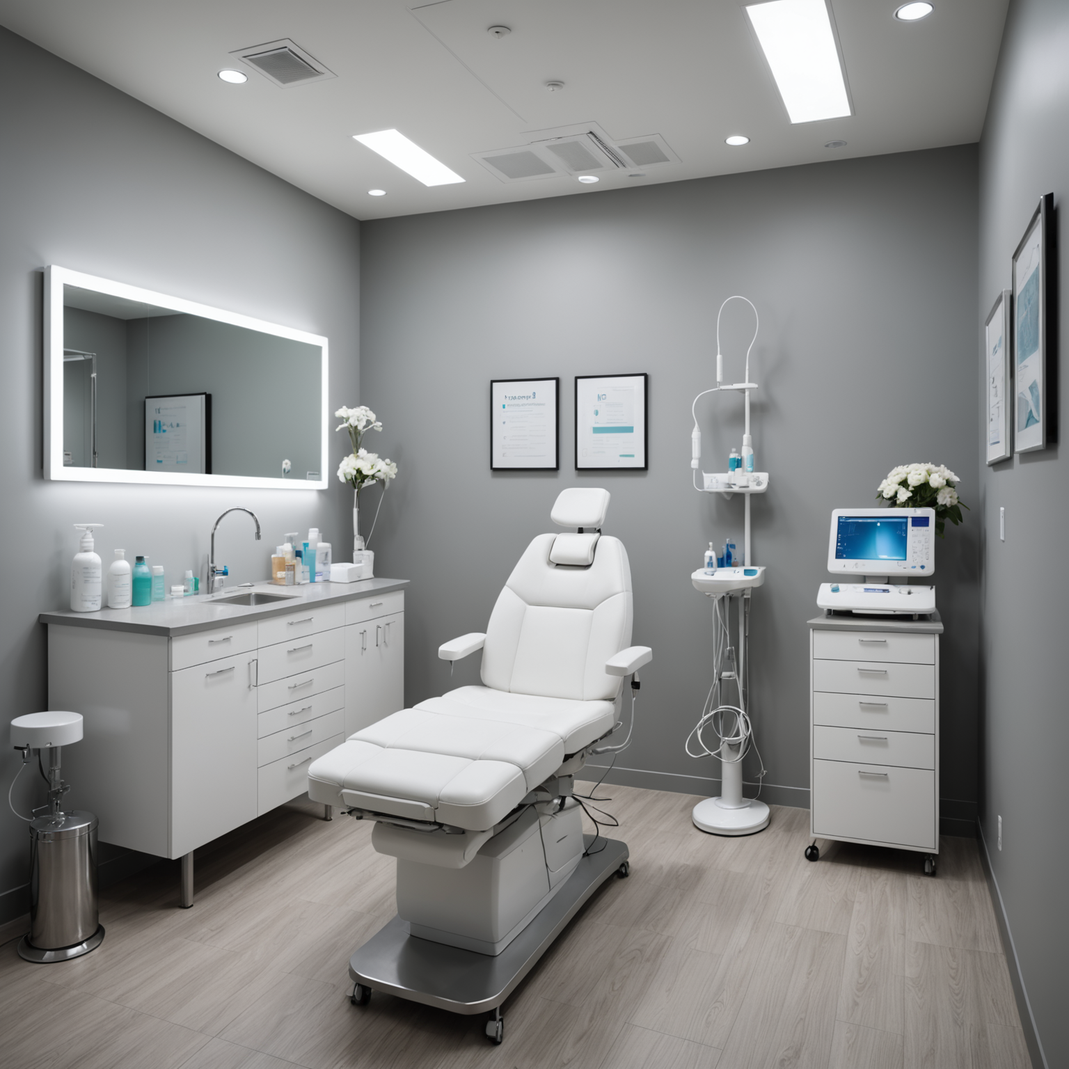 A well-equipped treatment room in a hydration IV clinic, with sterile tools and an esthetician preparing for a session.