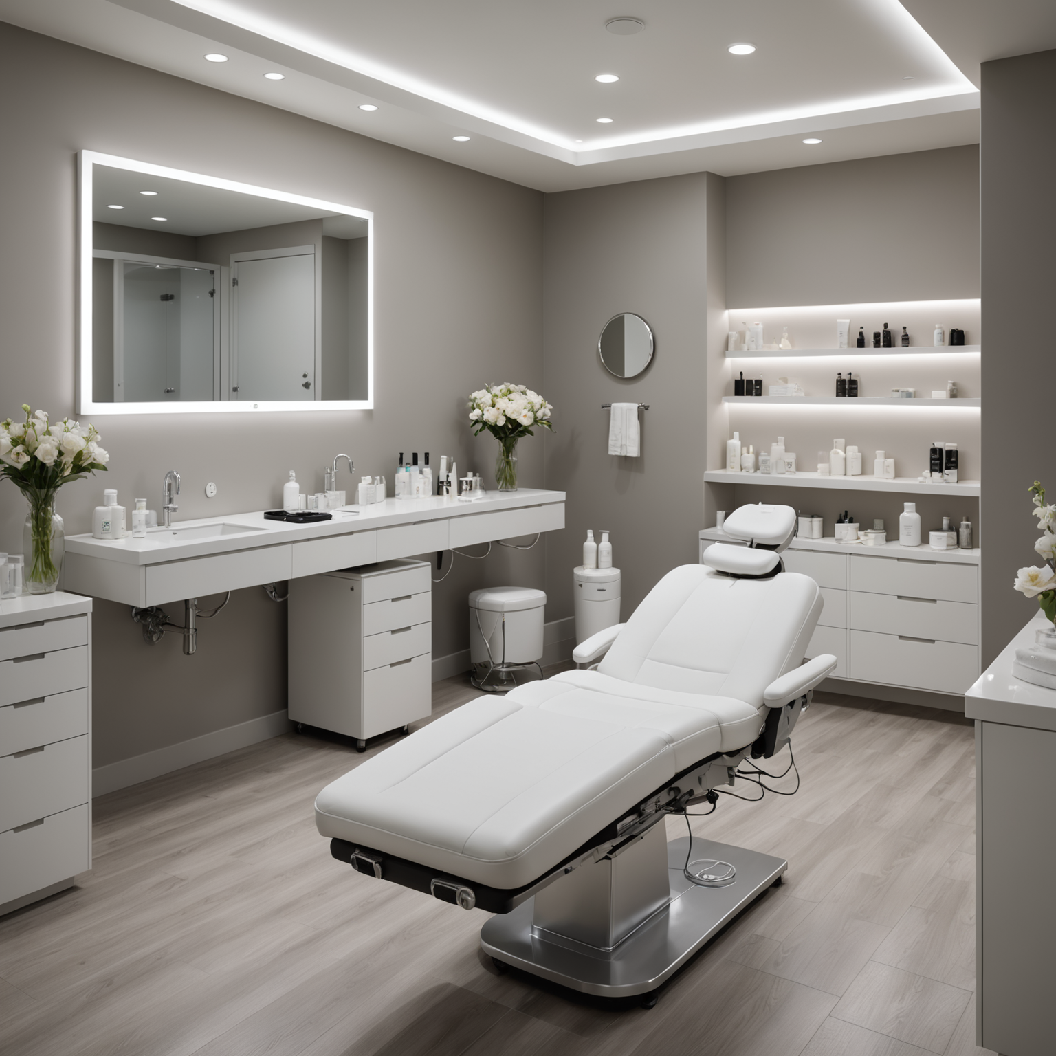 A serene treatment room with esthetician tools and skincare products, ready for a vampire facial session.