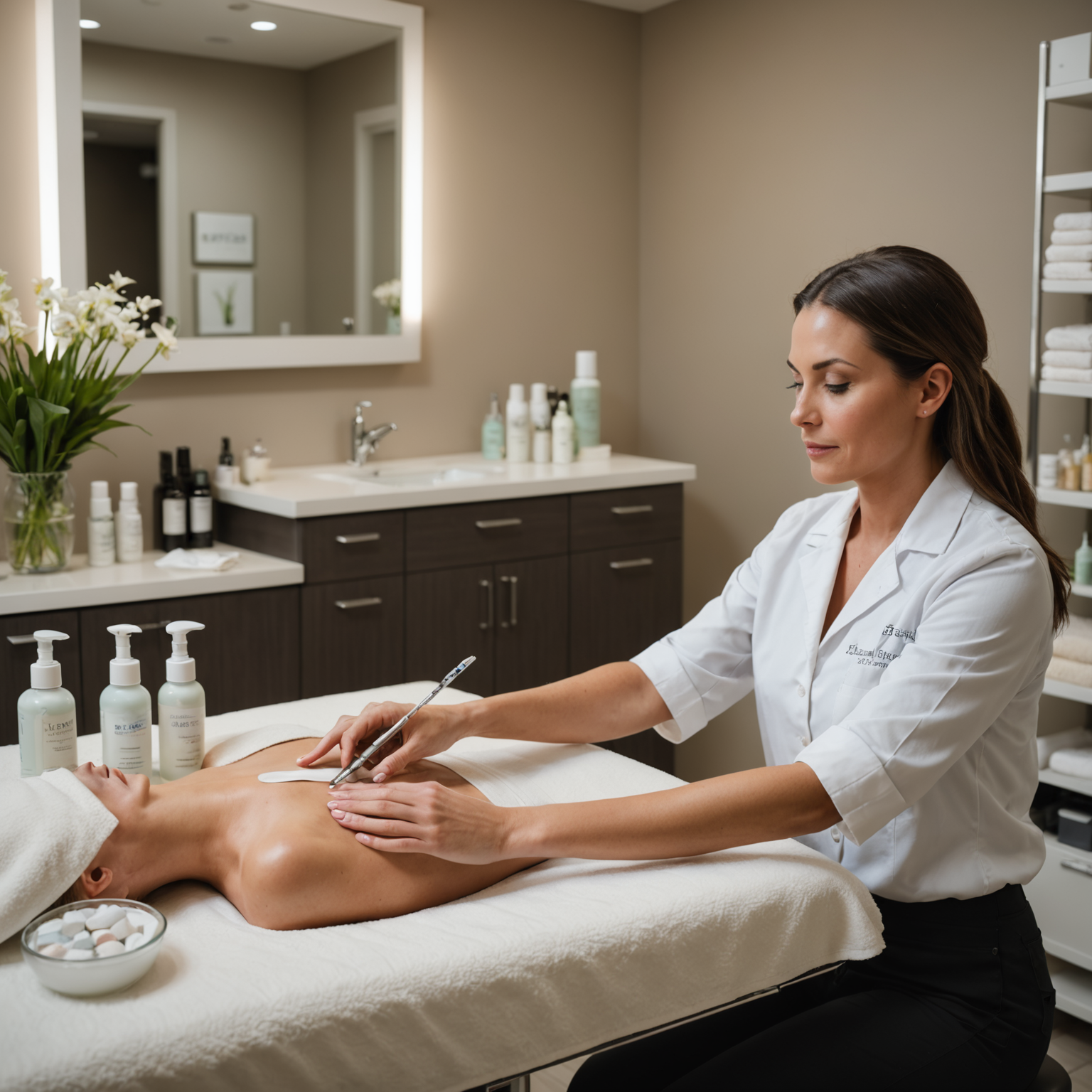 A cozy treatment room with an esthetician's hands preparing B12 injection tools on a sterile tray, surrounded by calming spa interiors.