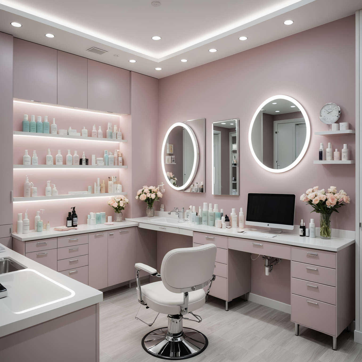 A modern cosmetic clinic treatment room with esthetician tools and skincare products neatly arranged