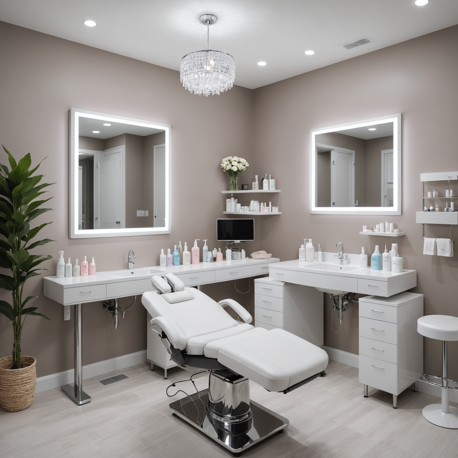 A professional-looking skincare treatment room with sterile tools and an esthetician's hands preparing an injection