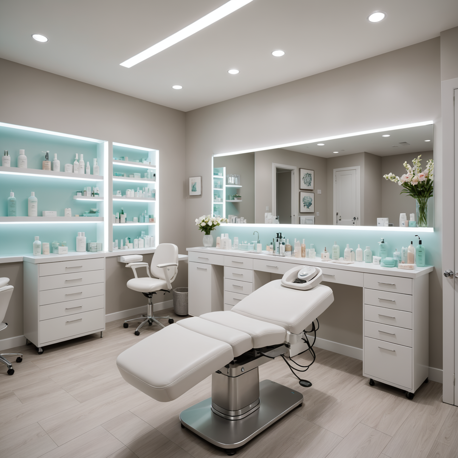 A serene cosmetic clinic treatment room with esthetician tools and skincare products neatly arranged