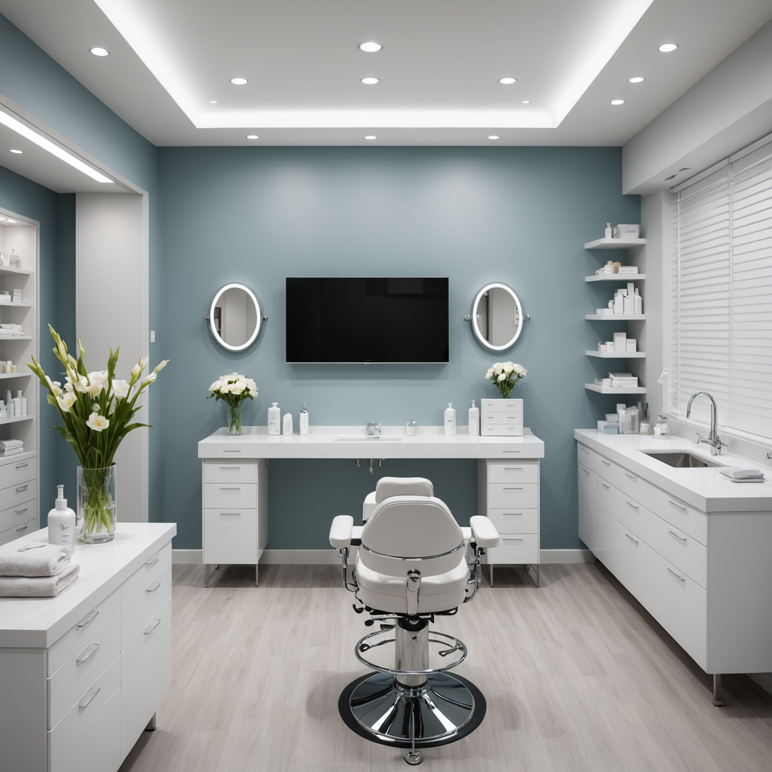 A clean, modern cosmetic clinic treatment room with esthetician tools neatly arranged