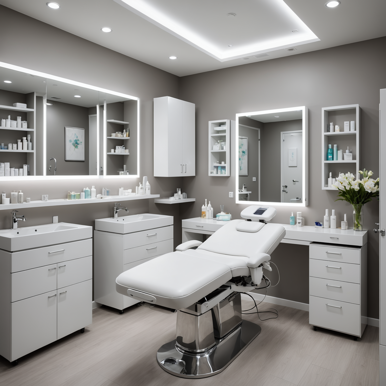 An image depicting a sterile, well-equipped cosmetic clinic treatment room, with an esthetician preparing tools for a procedure.
