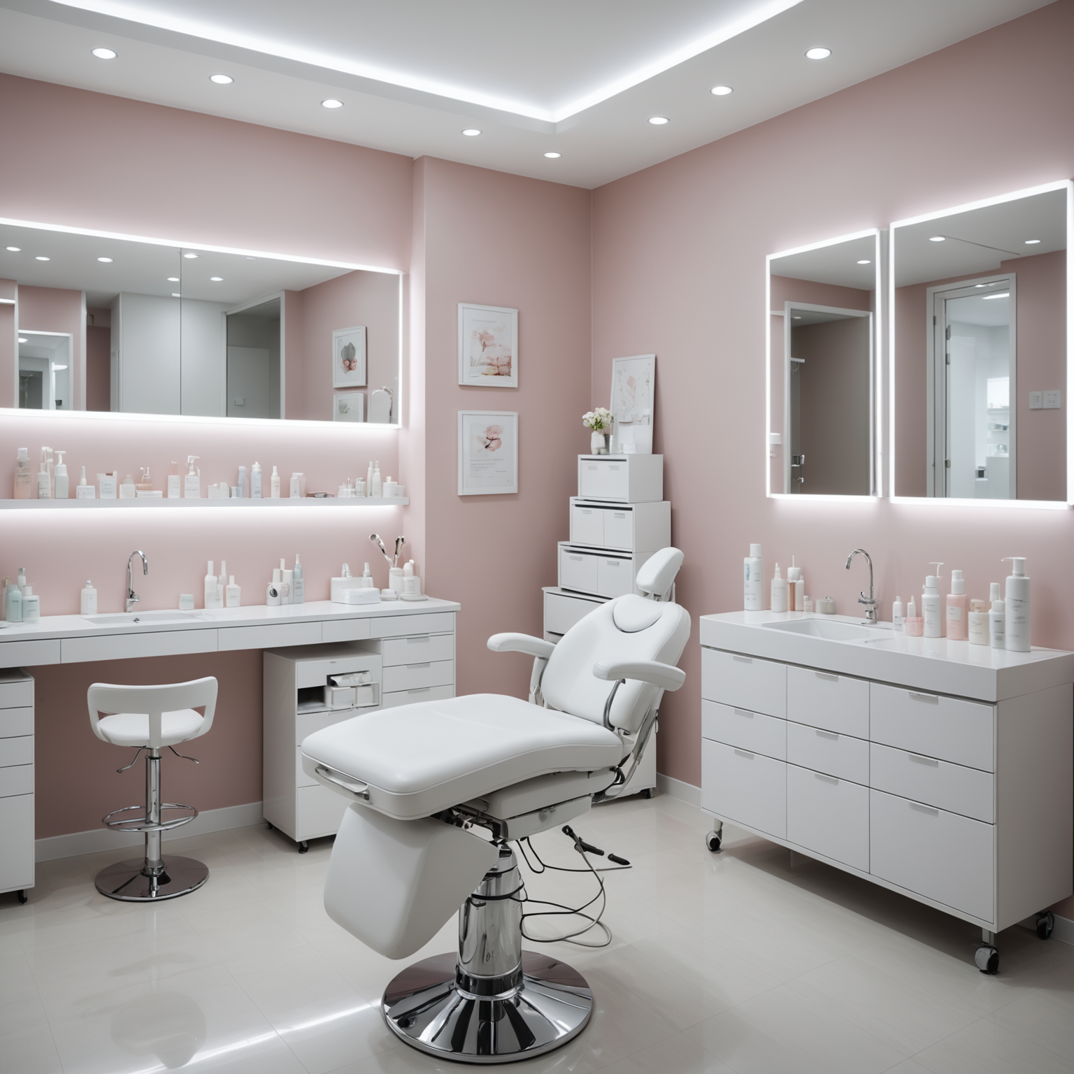 Treatment room in a cosmetic clinic, with esthetician hands and sterile tools