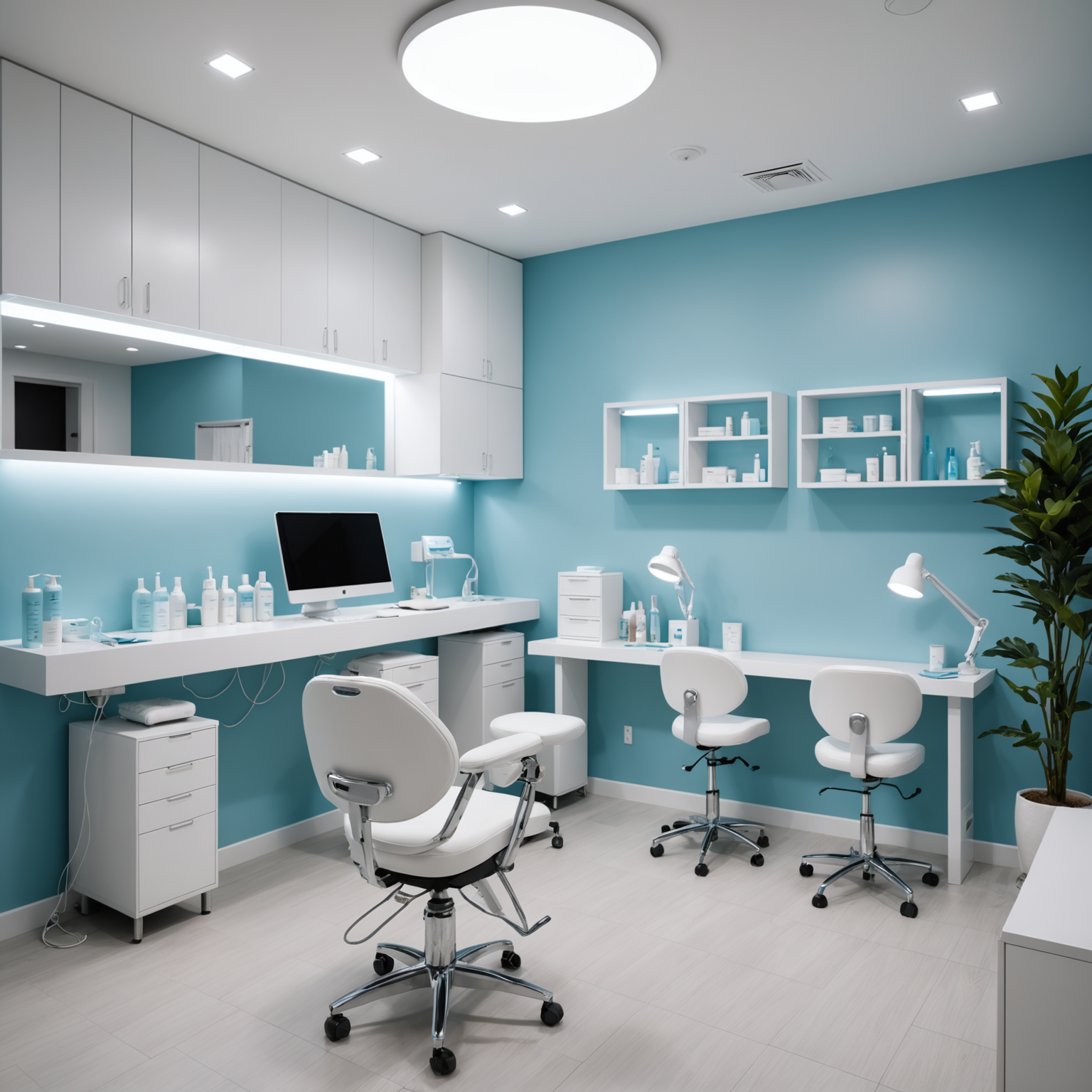 A serene cosmetic clinic room with a skincare treatment in progress, showcasing sterile tools and a tranquil setting.