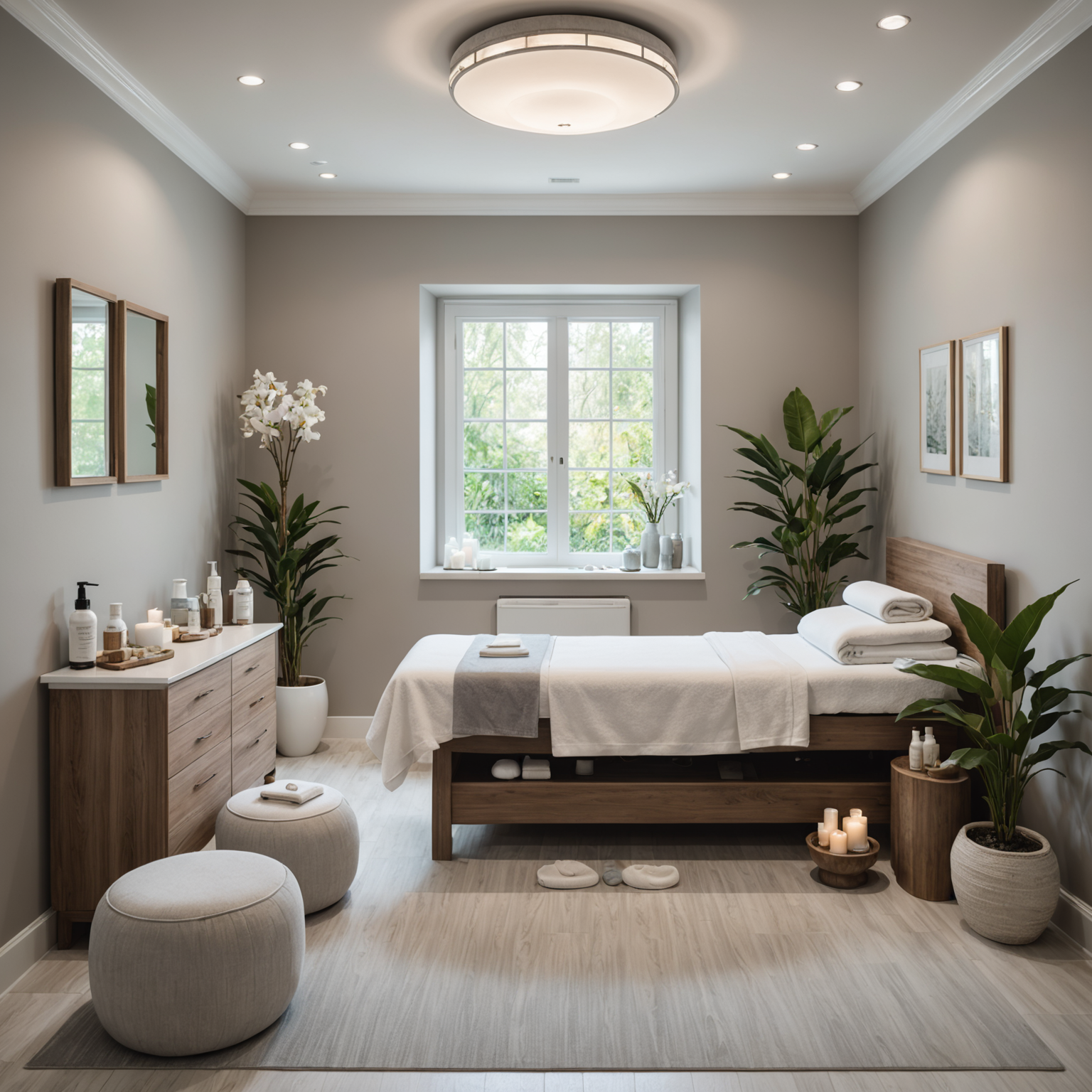 A serene spa interior displaying a comfortable treatment room with skincare textures and esthetician tools.
