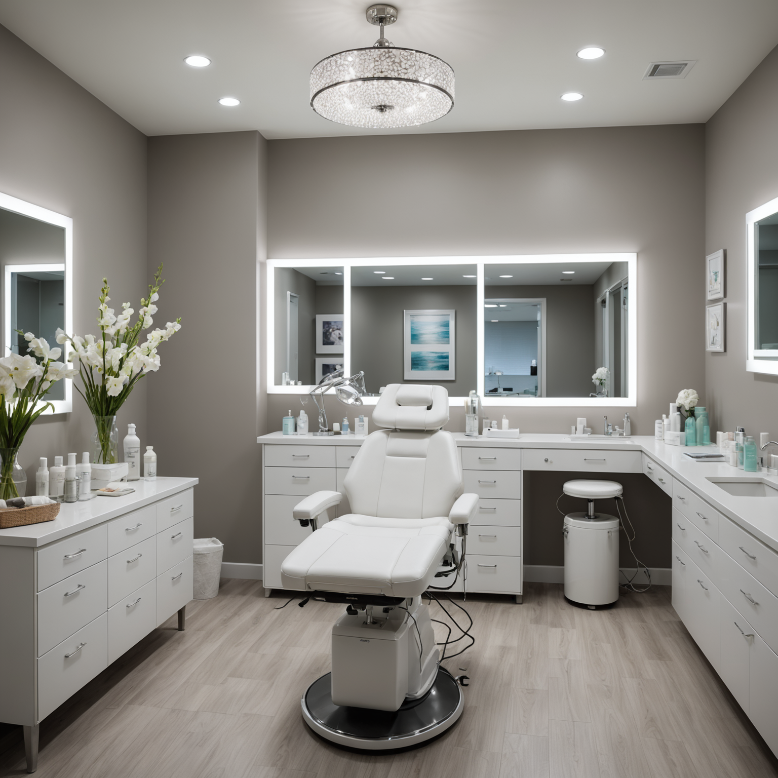 A serene cosmetic-clinic treatment room with an esthetician preparing sterile tools for a chemical peel