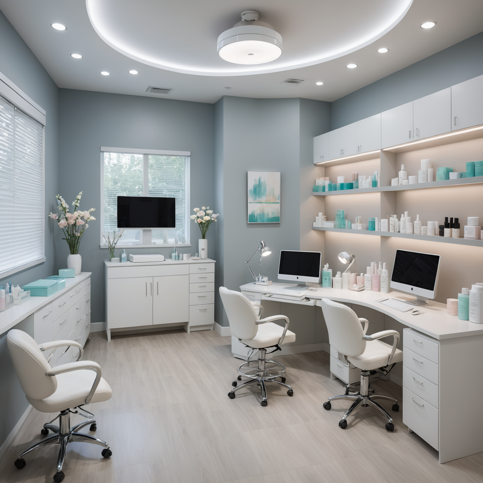 A serene cosmetic clinic room with esthetician tools neatly arranged, reflecting the calming and sterile environment of a professional skincare setting.