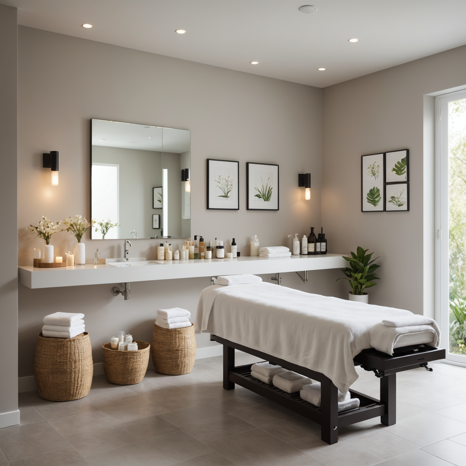 A serene spa interior with esthetician tools and skincare products