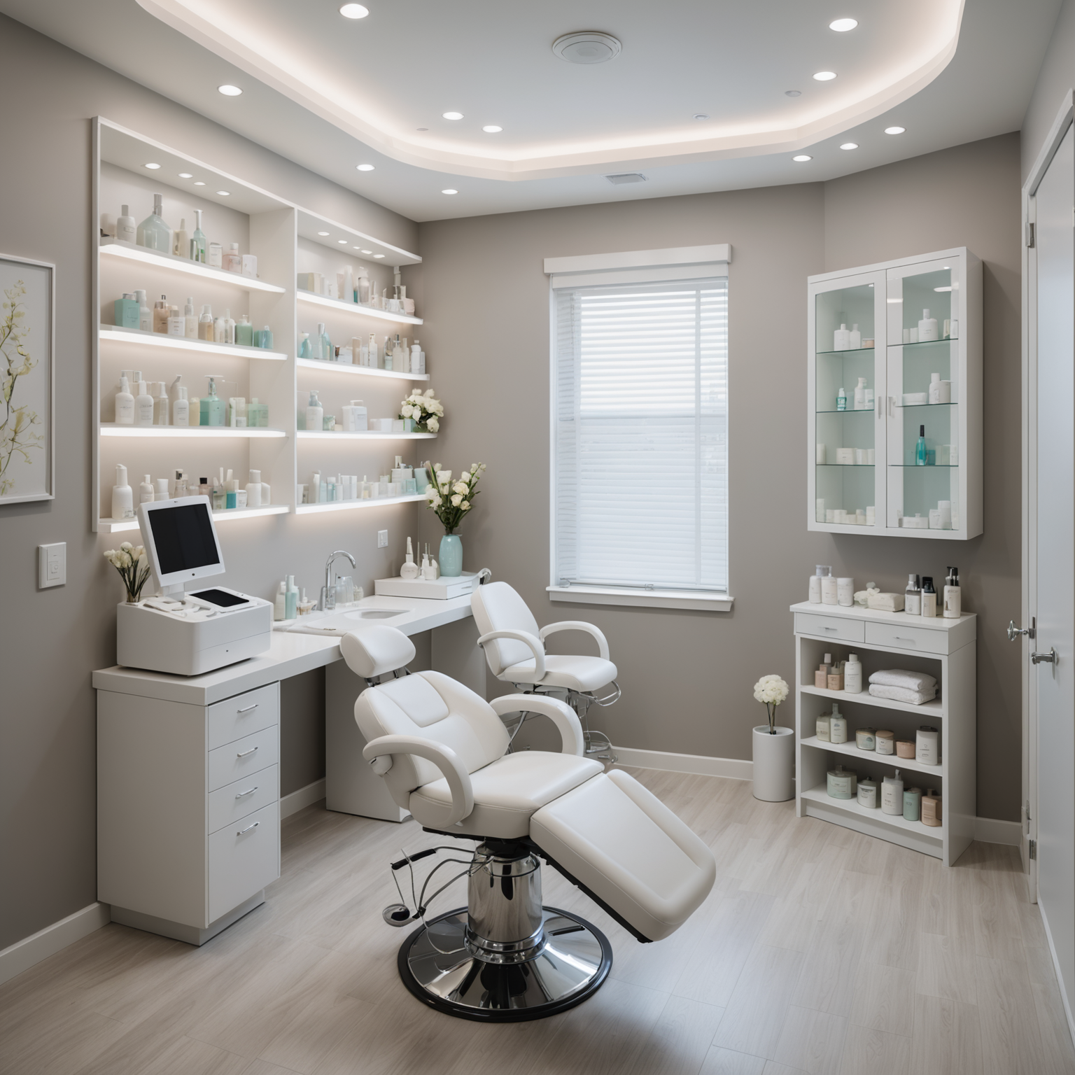 A serene cosmetic clinic treatment room with esthetician tools
