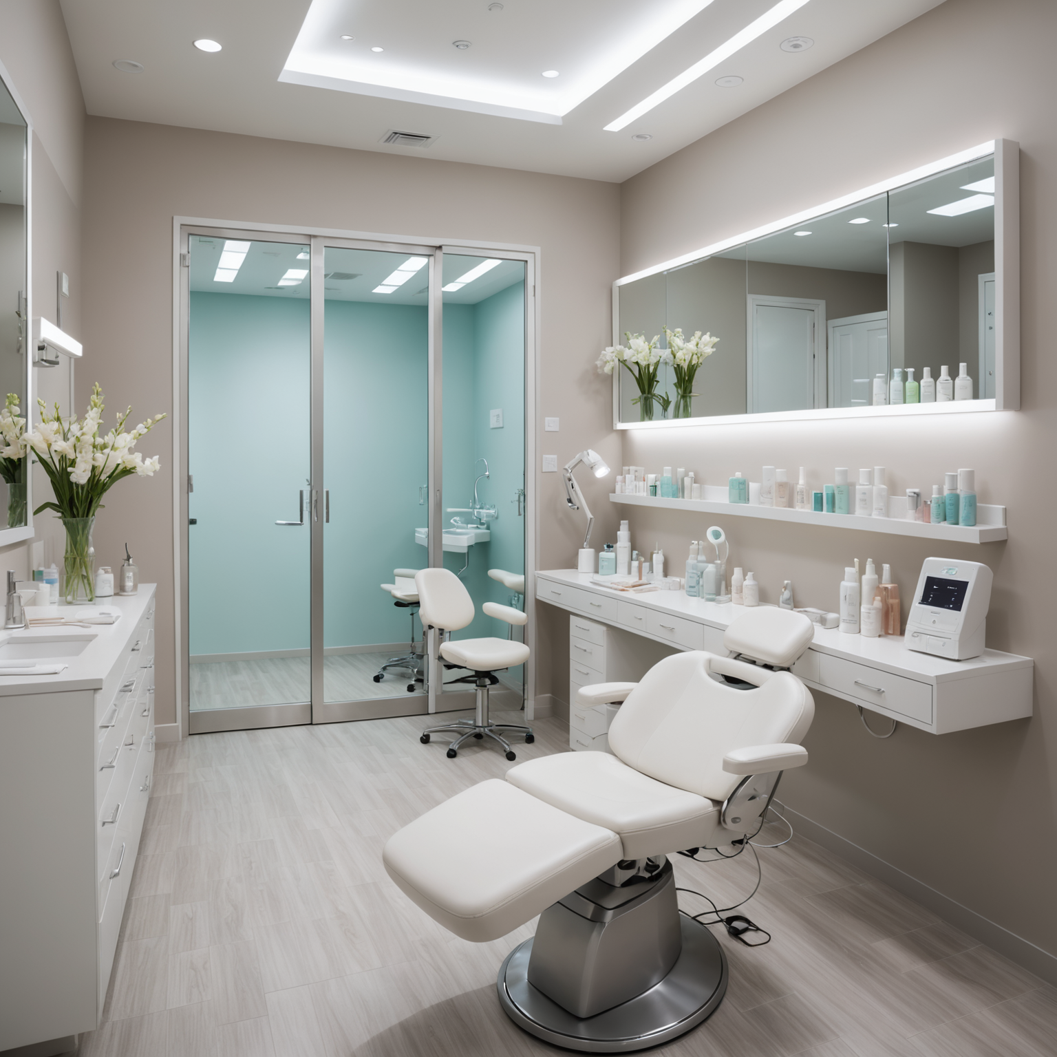 A serene treatment room with an esthetician preparing sterile tools for a cosmetic procedure